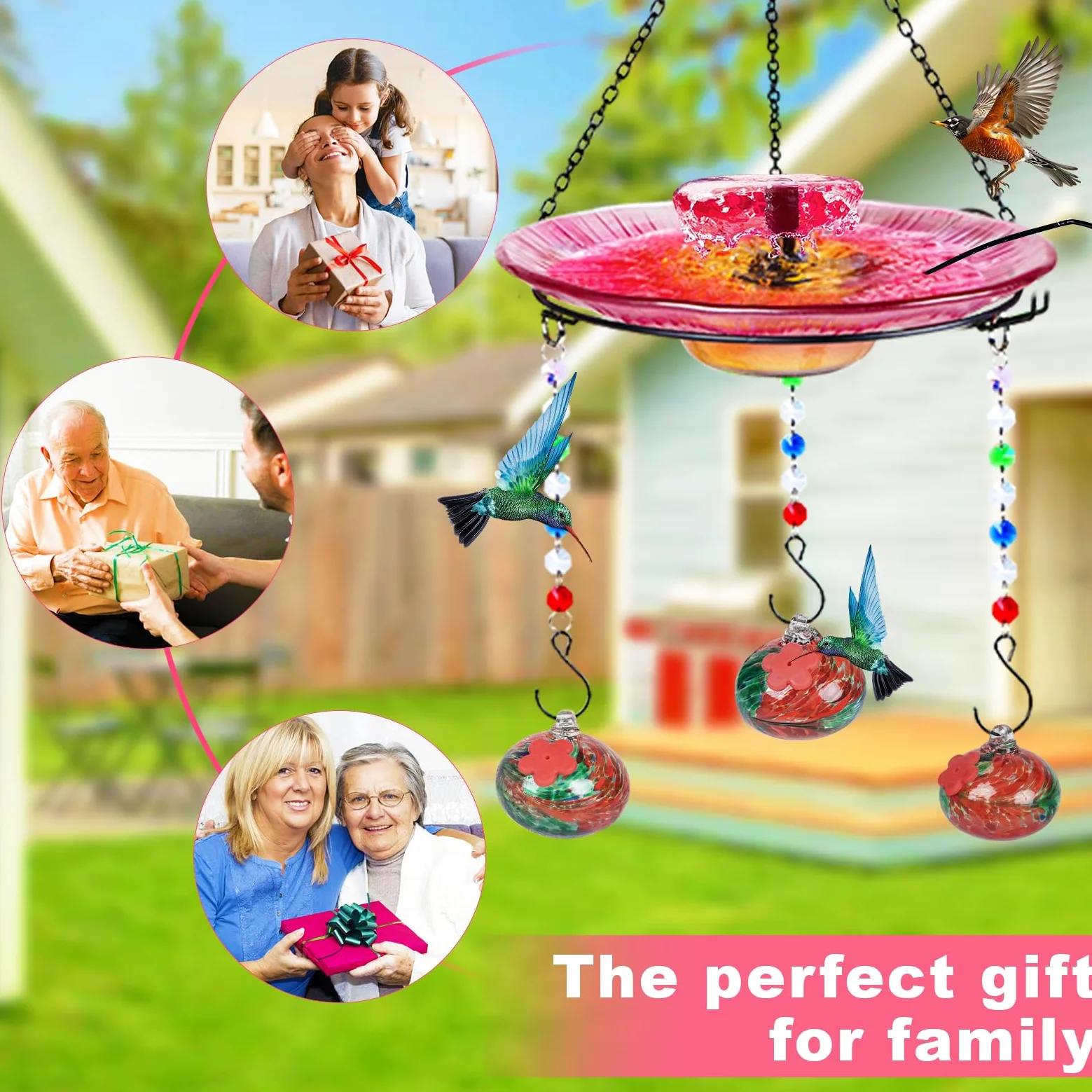 Headak Life Comedero de colibrí de vidrio soplado a mano para exteriores y baño de pájaros, 2 en 1 para pájaros pequeños, comedero colgante para colibríes, baño para pájaros para exteriores con bomba