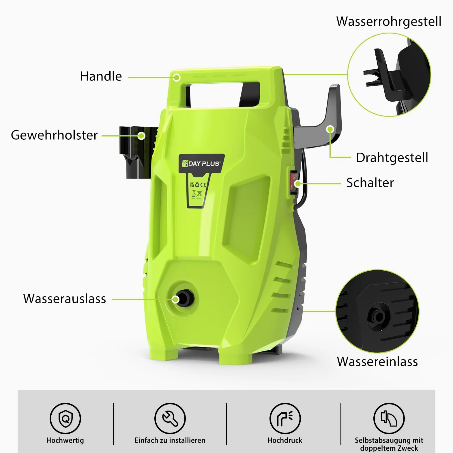 Limpiador de alta presión de 1100 W, 55 bares, limpiador de fachadas, limpiador de terrazas, 300 L/H, Comact y ligero, cable de 5,5 m, manguera de salida de 7 m, conexión rápida