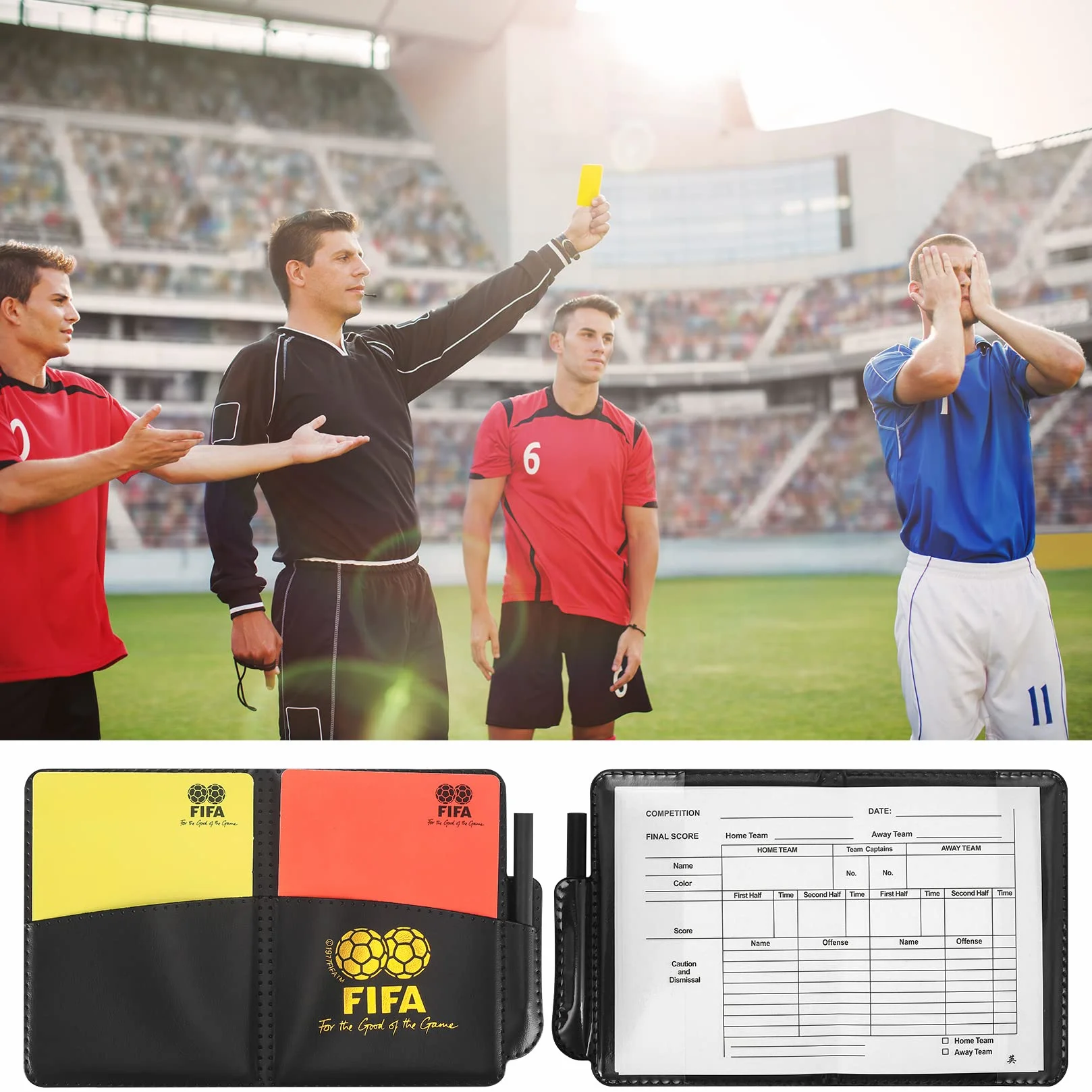 Juego de Tarjetas de Árbitro Deportivo de Fútbol, Tarjetas Rojas y Amarillas con Silbato de Metal