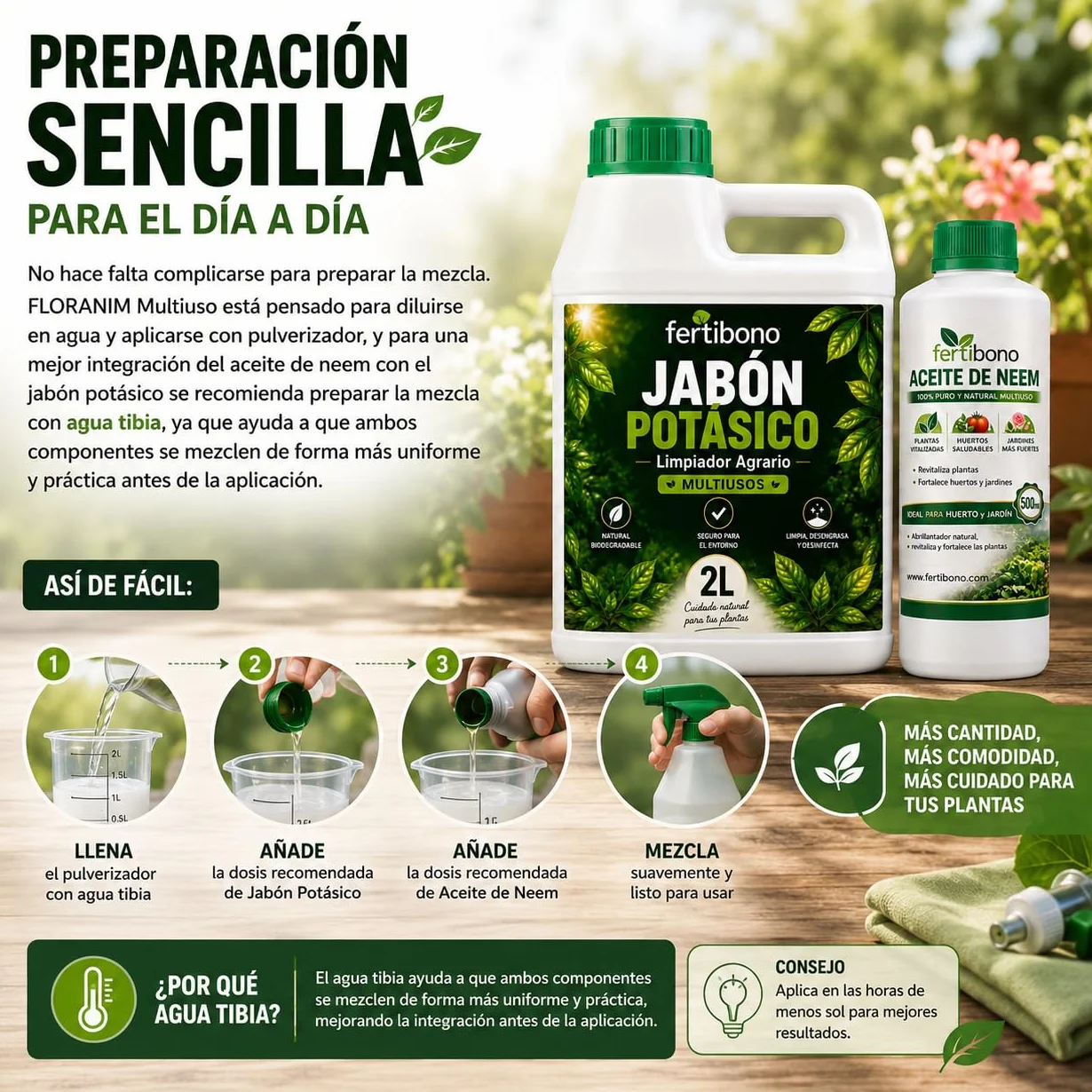 FERTIBONO FLORANIM Multiuso - Jabón Potásico 2L + Aceite de Neem 500 ml para Plantas, Huerto y Jardín - Pack Concentrado para Diluir en Agua y Pulverizar