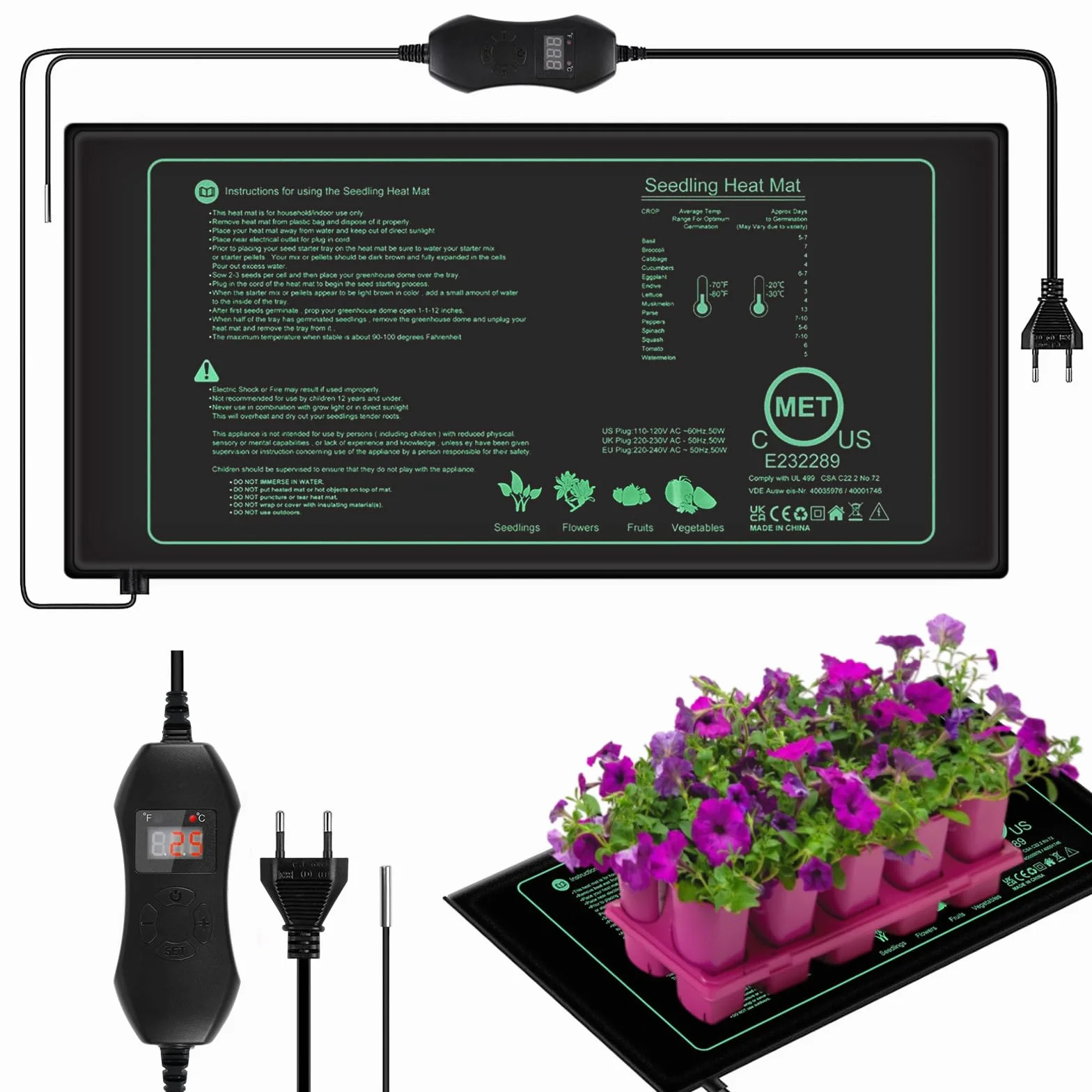 Estera TéRmica para Plantas con Termostato, 50W Alfombrilla Térmica para Plántulas, Acelera Germinación, Ignífugo, IP67 Impermeable, para Mascotas, Reptiles, Plántulas, 54 x 26 cm
