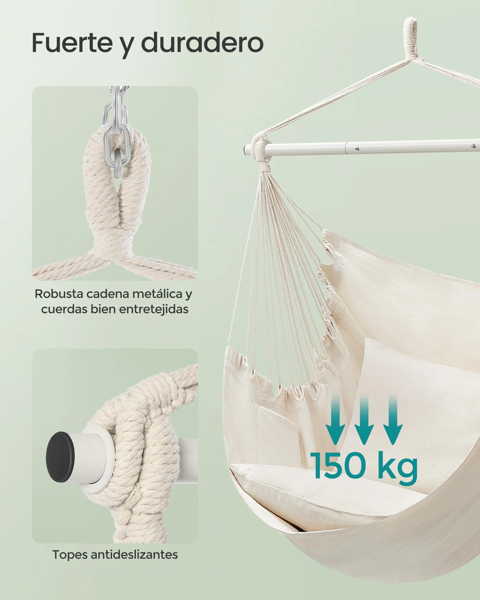 SONGMICS Silla Hamaca, Silla Colgante Grande con 2 Cojines, Silla Colgante con Cadena, Capacidad de Carga 150 kg, para Interior, Exterior, Salón, Dormitorio, Blanco Crema GDC197M01