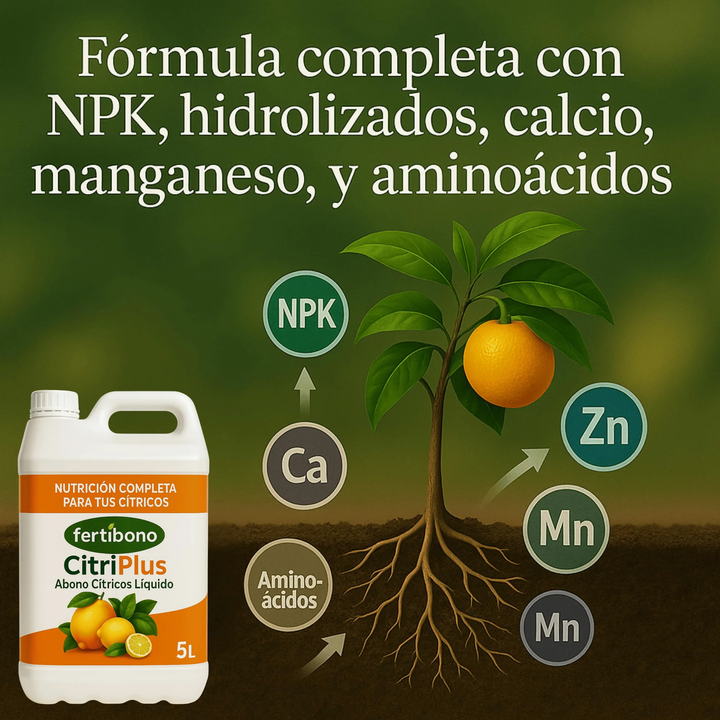 Fertibono CitriPlus Abono Cítricos 5L Rico en Hierro Zinc Calcio Manganeso Magnesio AminoAcidos NPK Ecológico Residuo Cero