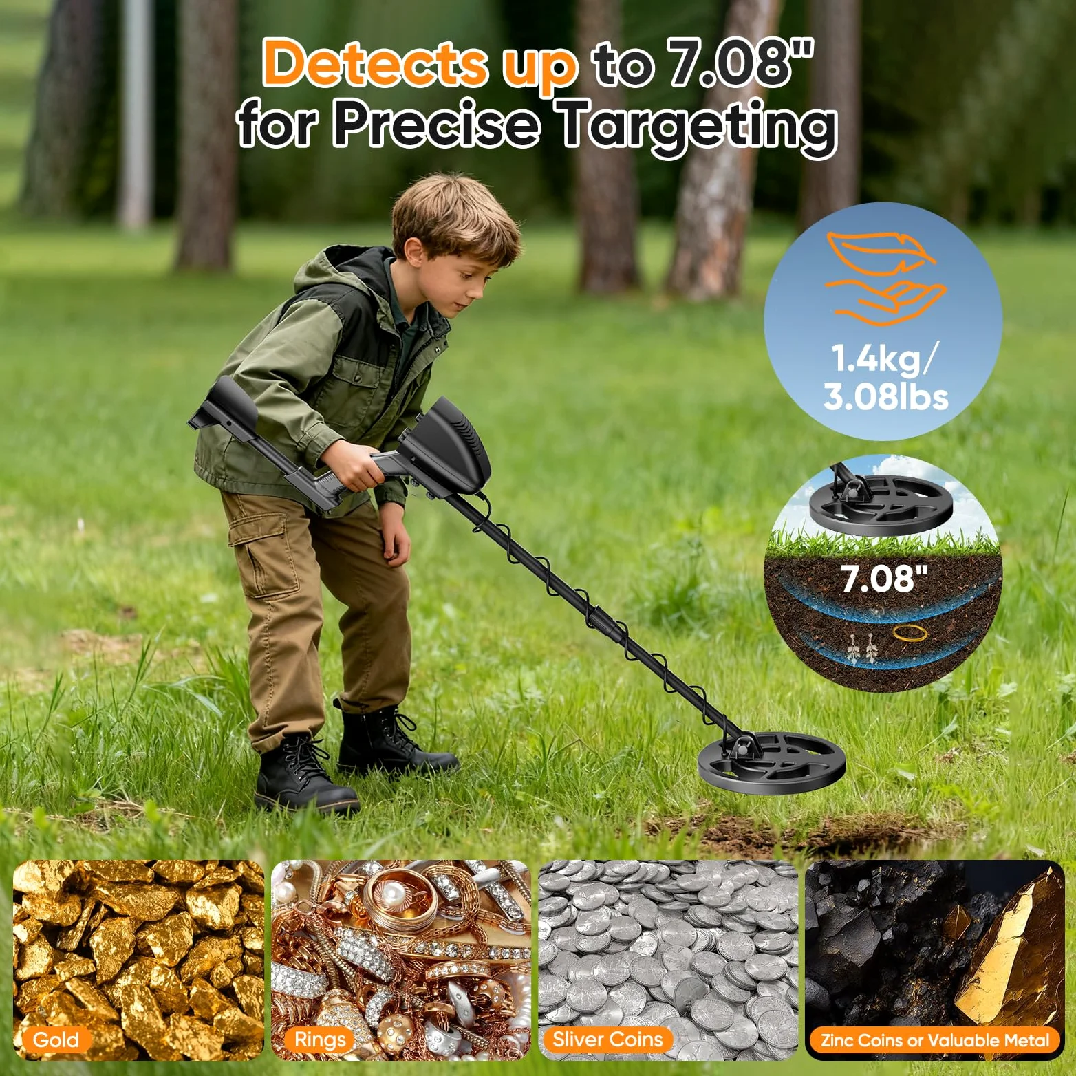 Detector de metales para adultos y niños, bobina impermeable IP68, detector de oro ajustable en altura 94-122cm, profundidad 18cm, diseño ligero para oro, monedas, búsqueda en playa(Azul-Negro (Juego)
