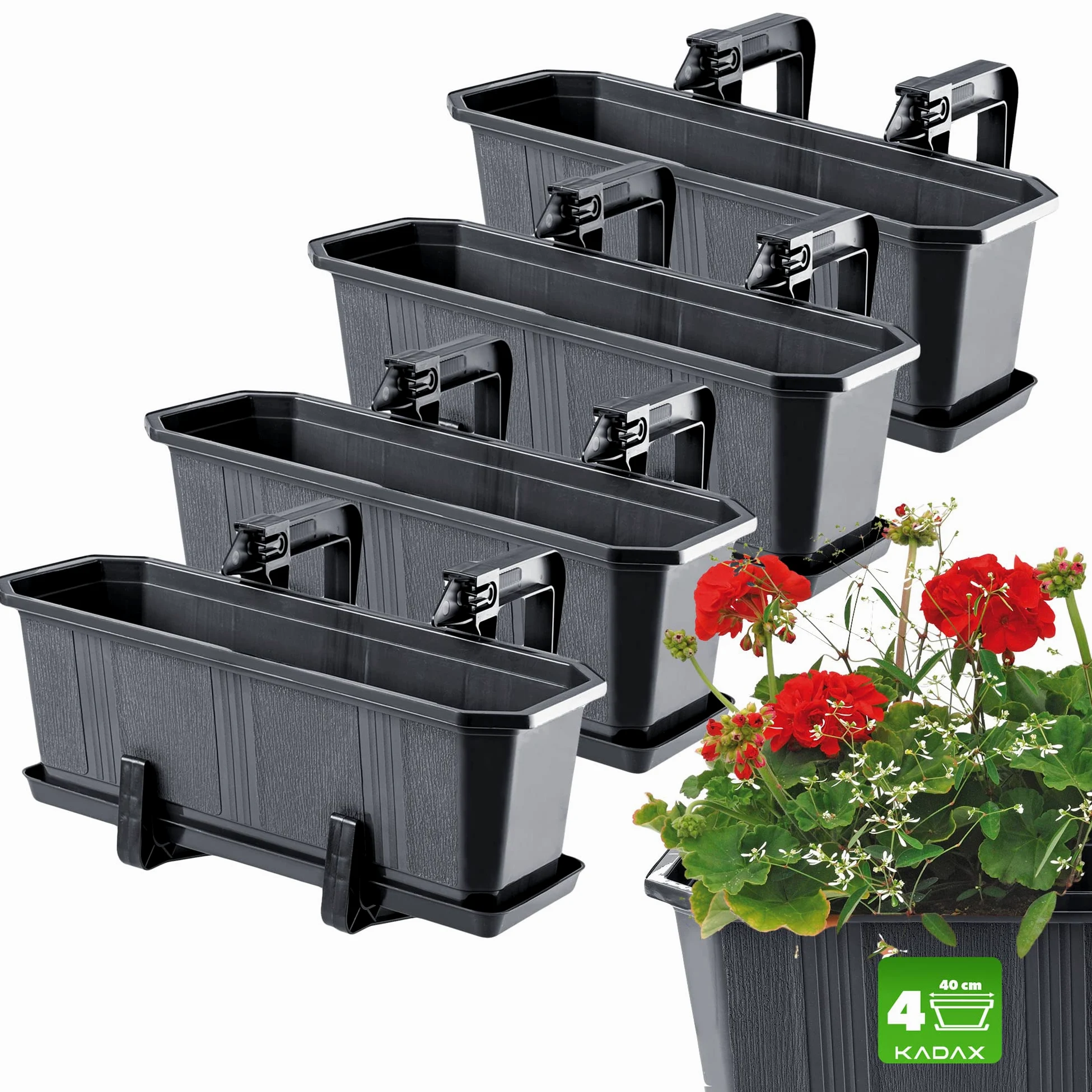 KADAX Jardineras Elegantes con Platos y Soportes para Barandillas de Balcón, Macetas Rectangulares de Plástico, Maceteros Colgantes (4: Grafito, 40 cm)