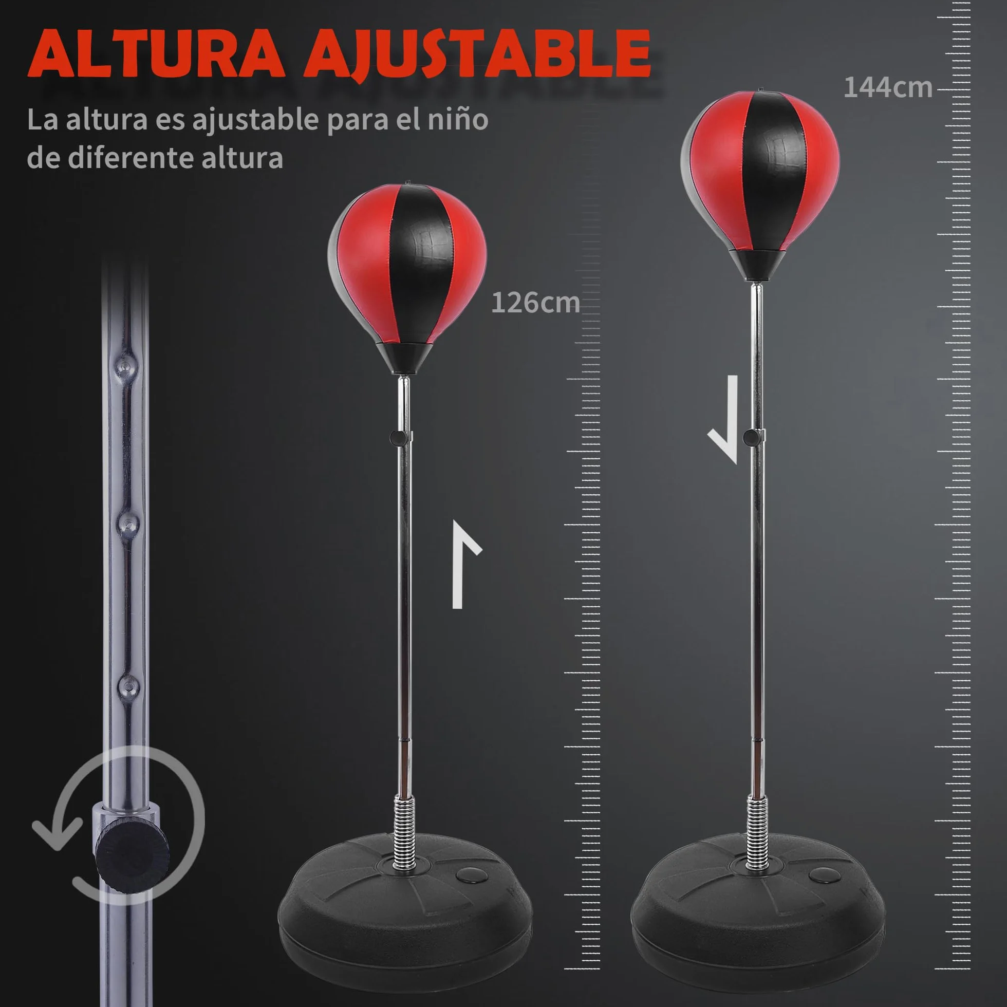 HOMCOM Saco de Boxeo de Pie Punching Ball Altura Ajustable 126-144 cm Base Rellenable Agua Arena Guantes Inflador Rojo Negro