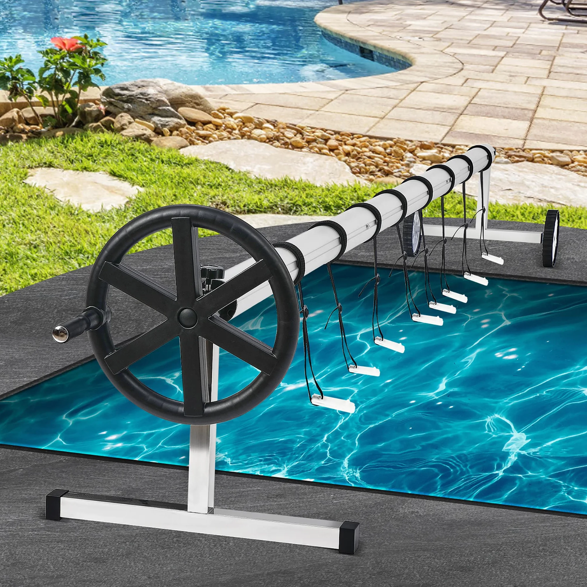 NAIZY Sistema de Enrollado para Piscina 3m - 5,7m Enrollador de Piscina Dispositivo móvil Enrollable con Ruedas Carrete de Piscina Que Incluye 8 Clips para Lona y Cubierta de Piscina, Tipo A