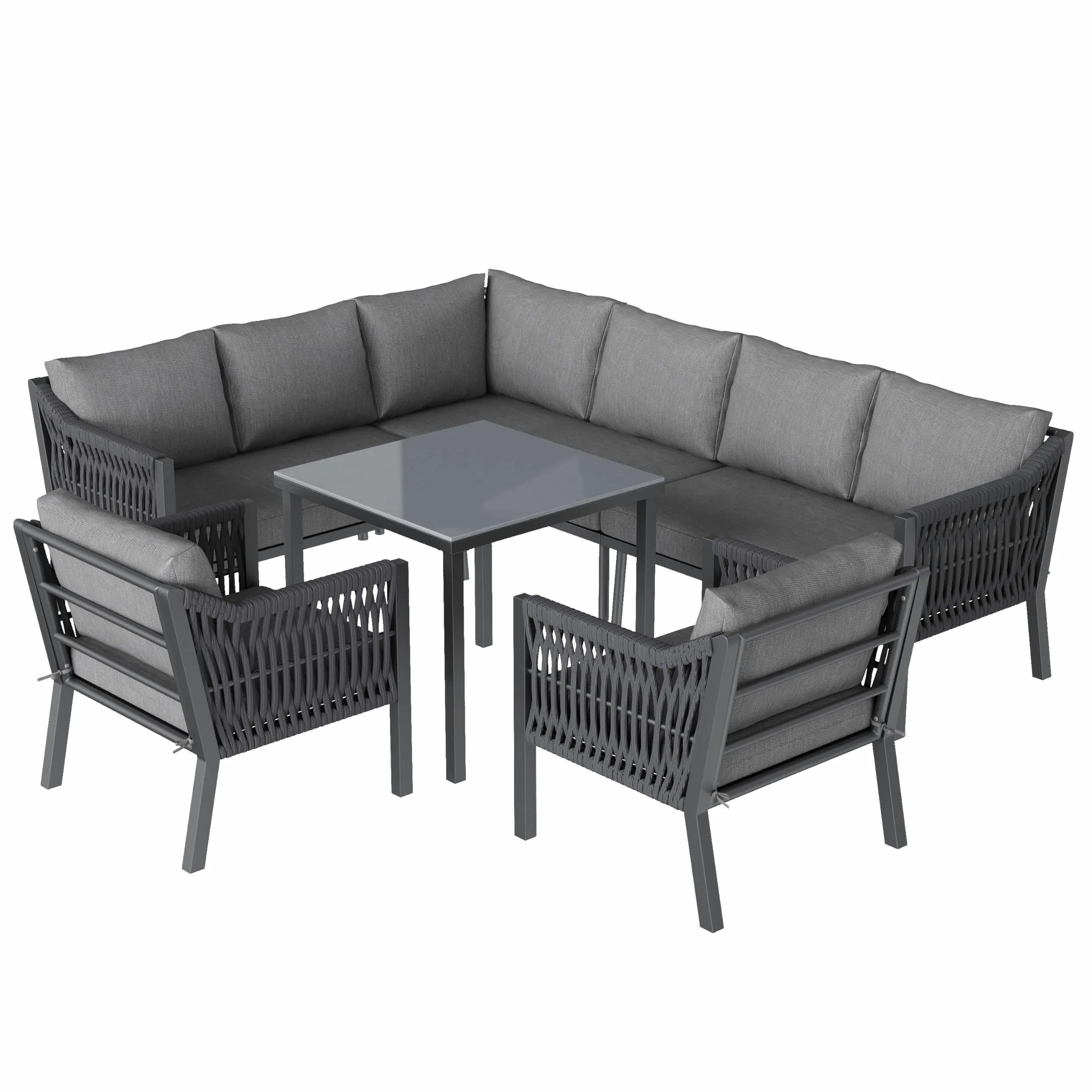 Muebles Jardin Exterior de 7-8 Plazas con 2 Sillones y Mesa, Sofa Terraza Exterior con Cojín Suave, Muebles Terraza Exterior con Reposabrazos Trenzado y Estructura Metálica, Gris