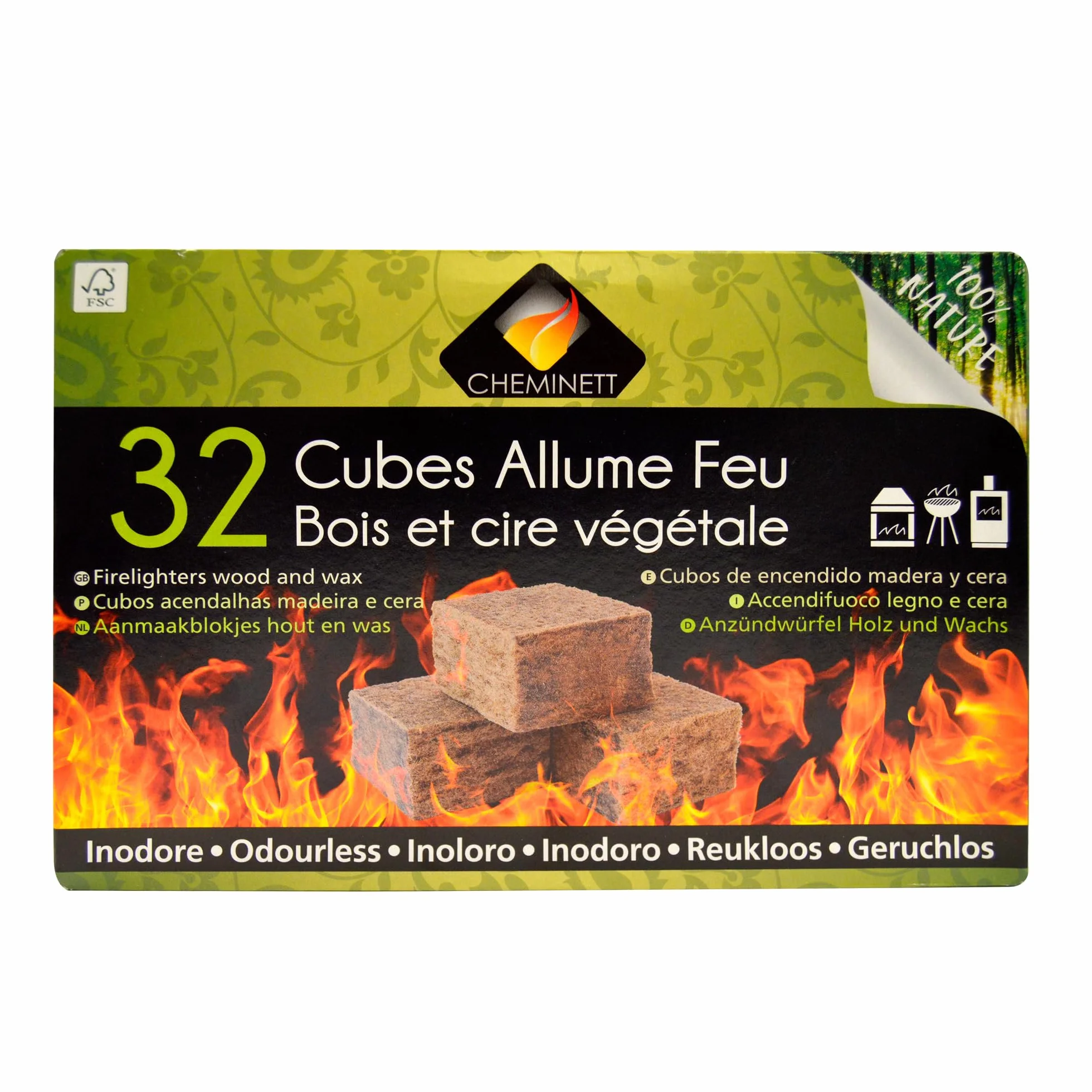 15751-32 Cubos Encendido precortados Cheminett naturales para encender chimeneas, estufas y barbacoas