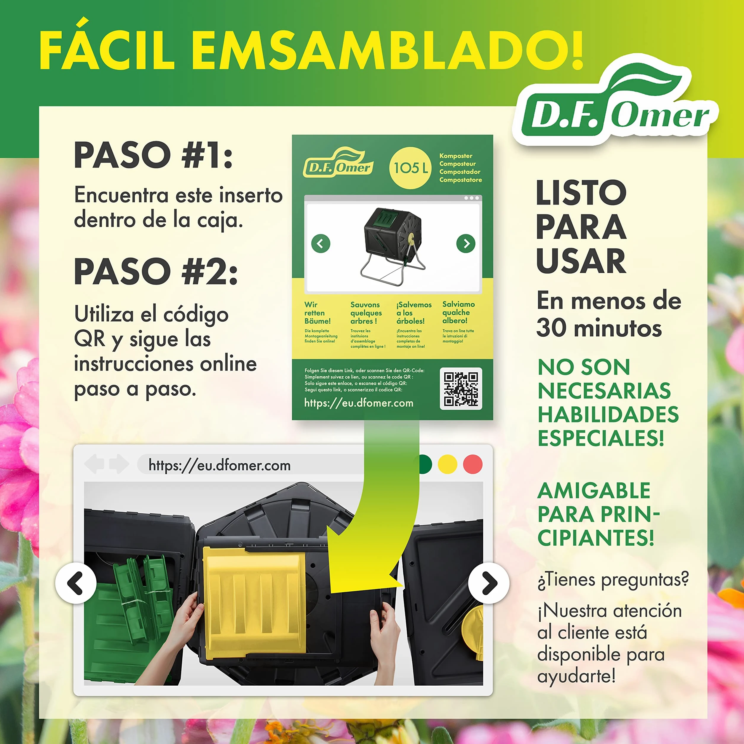 DF OMER Contenedor De Compostaje De Una Cámara para Jardín Al Aire Libre - Diseño Compacto Capacidad De 105L - Compostador De Barril con Tambor Rodante Resistente