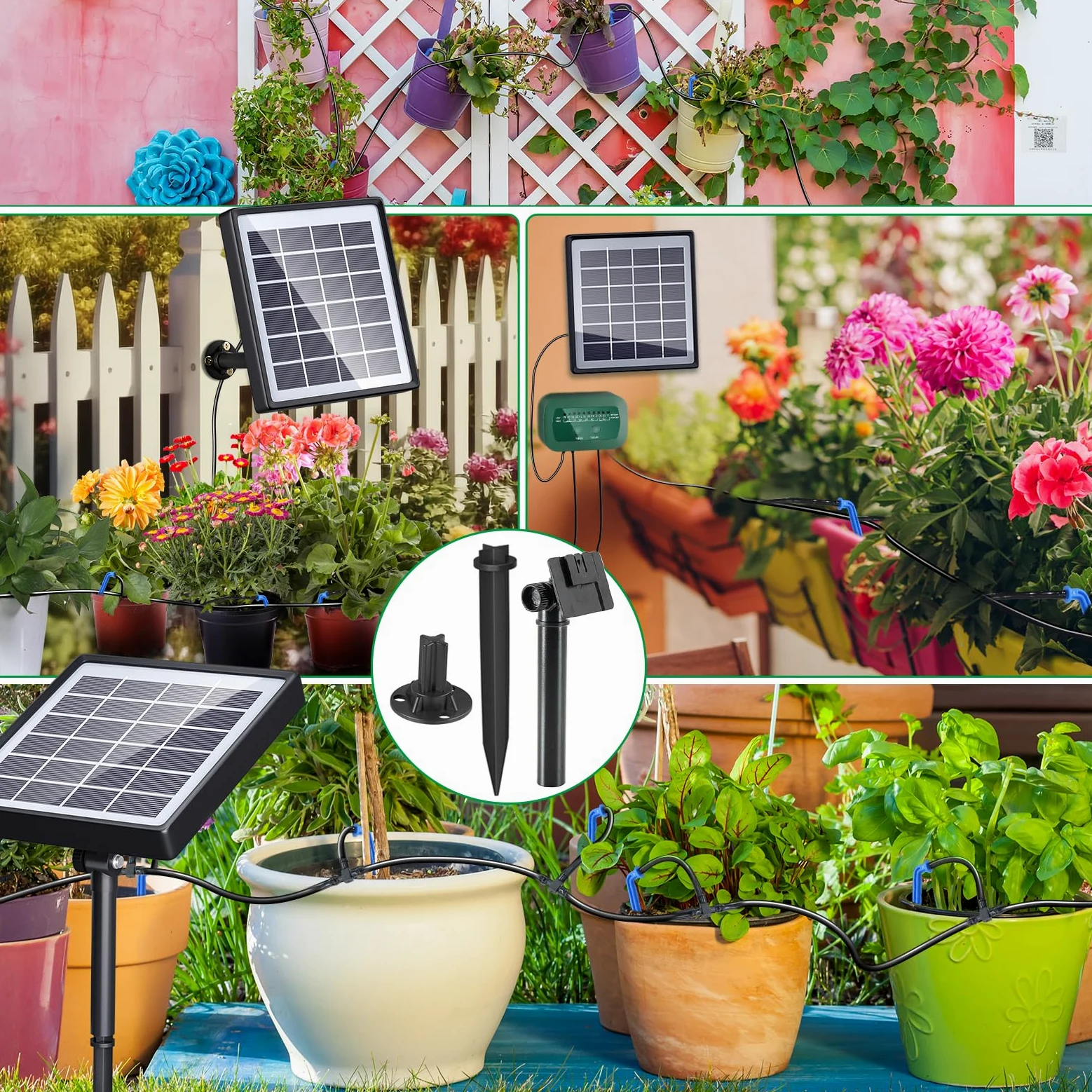 SoulBay Kit de Riego Automático Solar con Temporizador de 12 Modos y Tubo de 150 cm para Plantas en Macetas de Jardín, Interiores y Exteriores