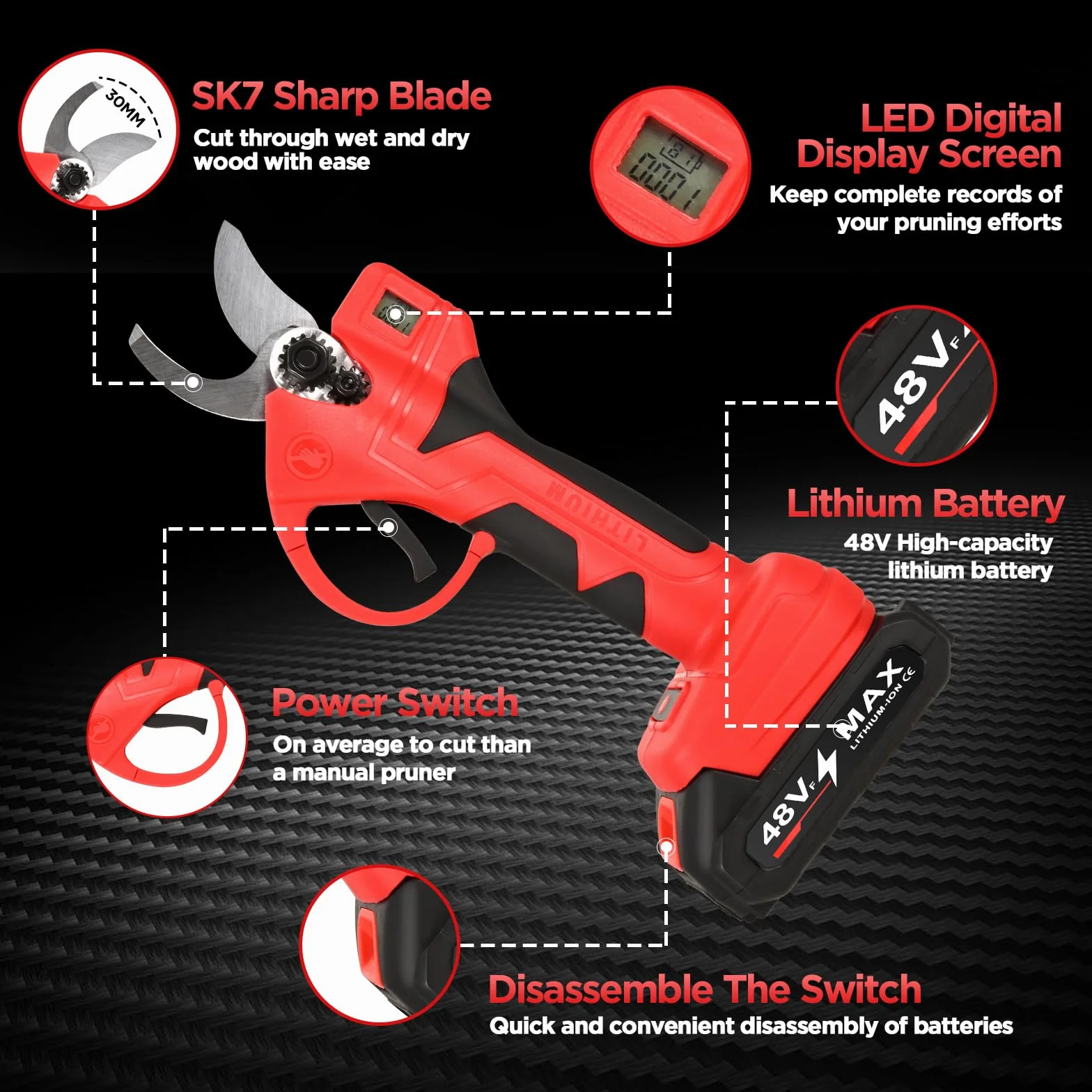 Tijeras de Podar Eléctricas Inalámbricas Profesionales 30mm Motor Brushless 2x2000mAh LCD SK7 Cuchilla