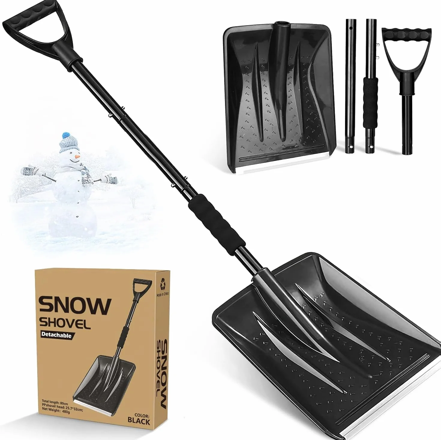 Pala Nieve, 108cm Largo, Borde Resbaladizo de Perfil de Aluminio, Diseño Desmontable de 4 Piezas, Carretilla Elevadora de Nieve Portátil Ajustable para Conducir, Acampar, Jugar con Muñecos de Nieve