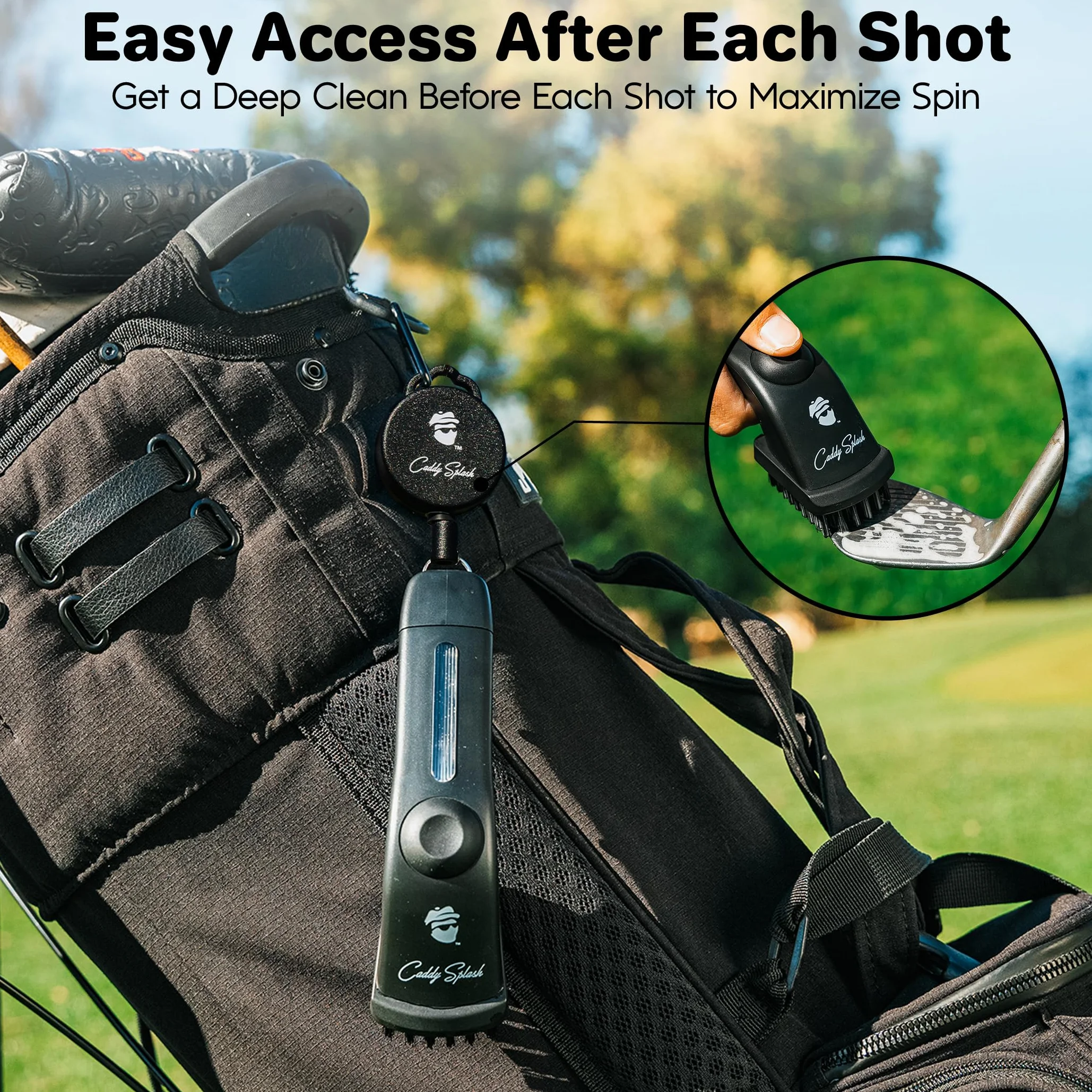 Caddy Splash Cepillo para Palos de Golf Pro con Agua (Negro) - Clip retráctil Resistente - Botón pulsador - Cerdas de Nailon - Capacidad 4 onzas