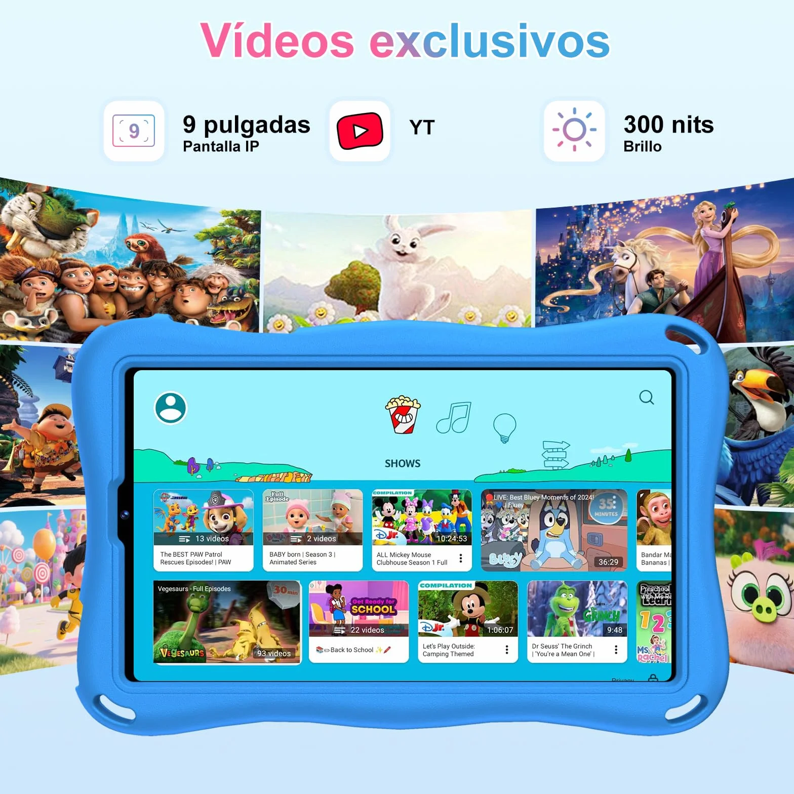Tablet para niños 9 pulgadas Android 15 12 GB RAM 1 TB TF 5G WiFi Widevine L1 Octa-Core 5000 mAh control parental funda Eva Azul