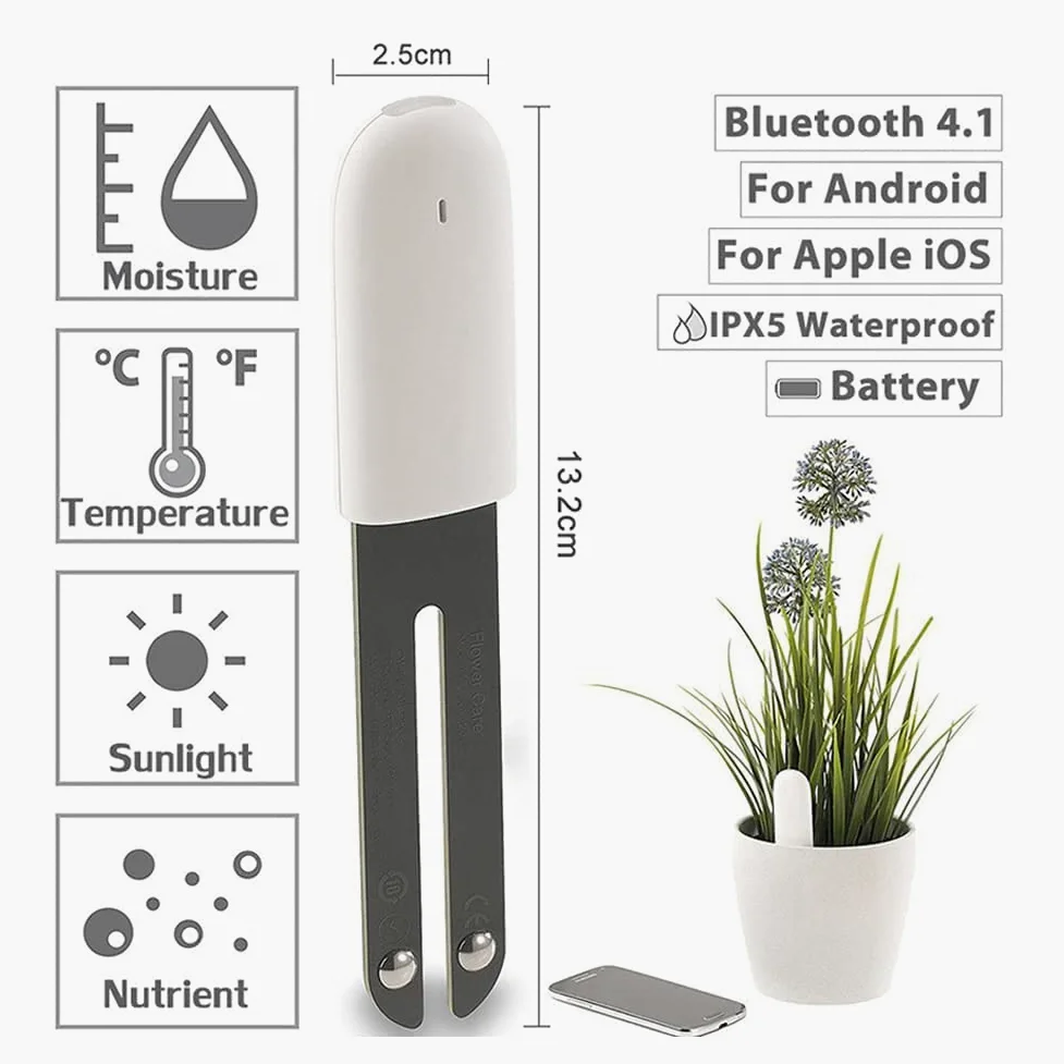 Medidor de humedad del suelo 4 en 1, monitor de agua para plantas, detecta automáticamente humedad/temperatura/luz/fertilidad, se puede conectar al teléfono móvil a través de Bluetooth, sensor