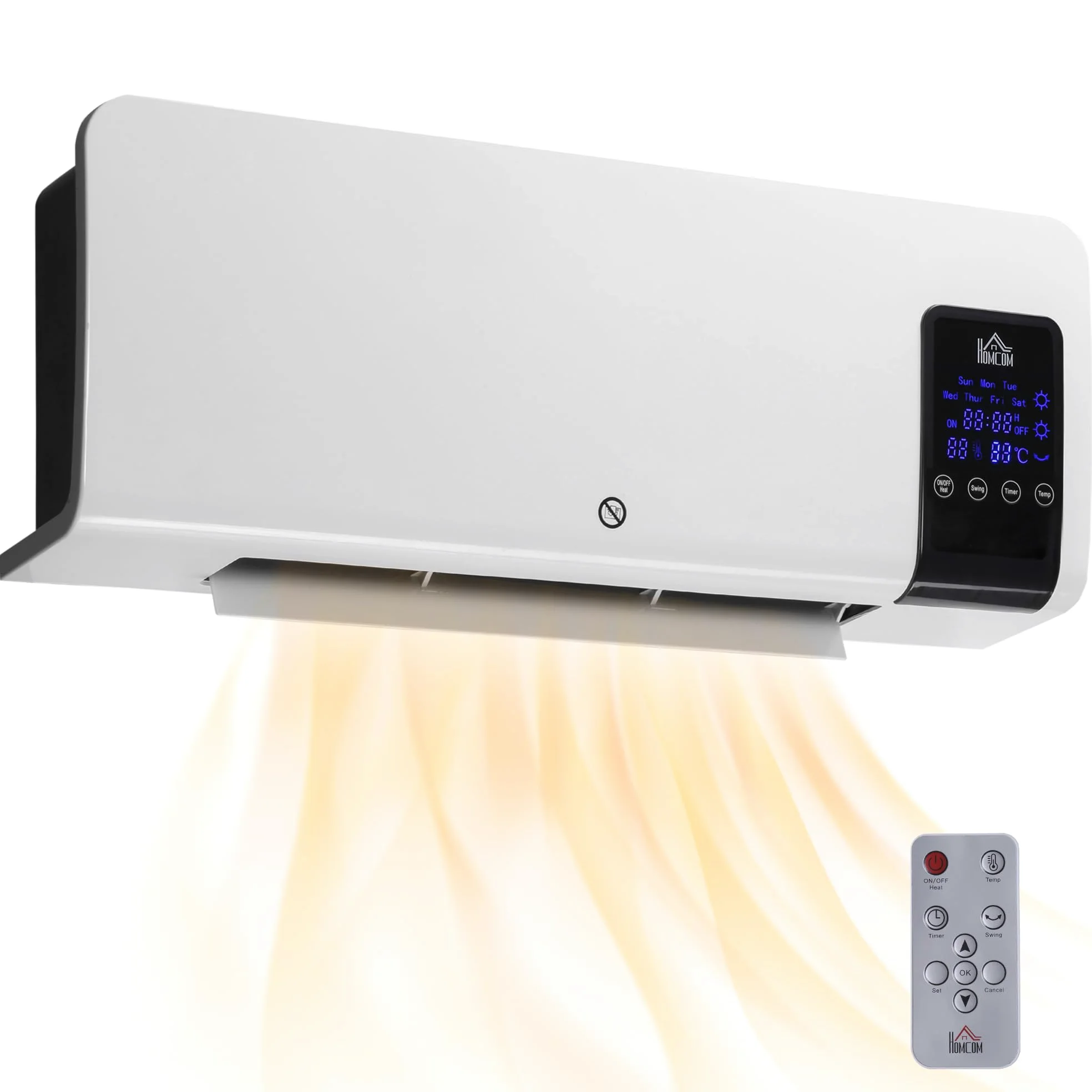 HOMCOM Calefactor Eléctrico Bajo Consumo 1000/2000W PTC Pared Oscilación Protección Sobrecalentamiento Temporizador Mando 15-20m² Blanco