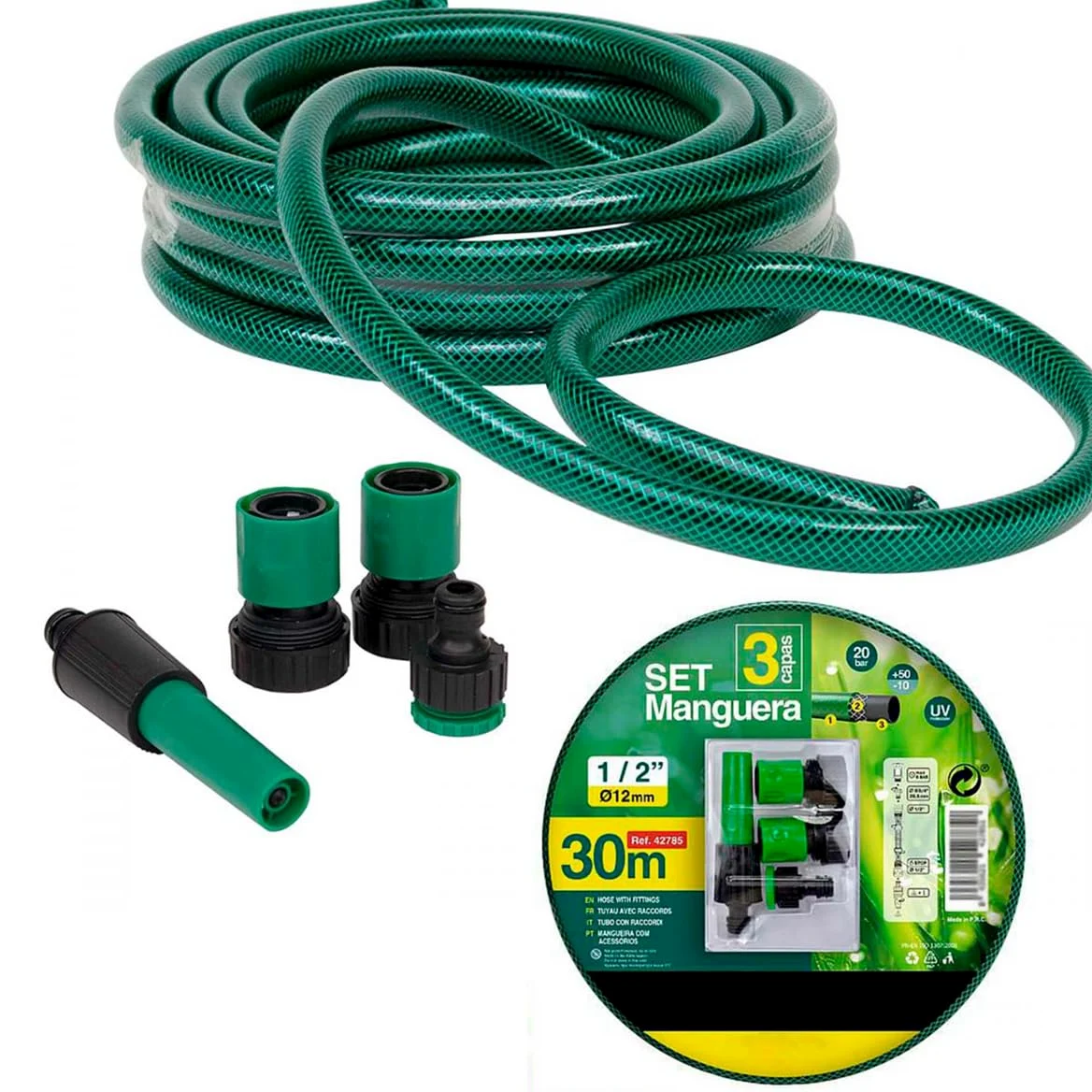 YIJIA | Manguera de jardín - Set Manguera con Conexión y Boquillas para Riego Reforzada 3 Capas, Presión de rotura de 20 bar - Diámetro Ø1/2" (12mm), Verde, Longitud de 30 Metros
