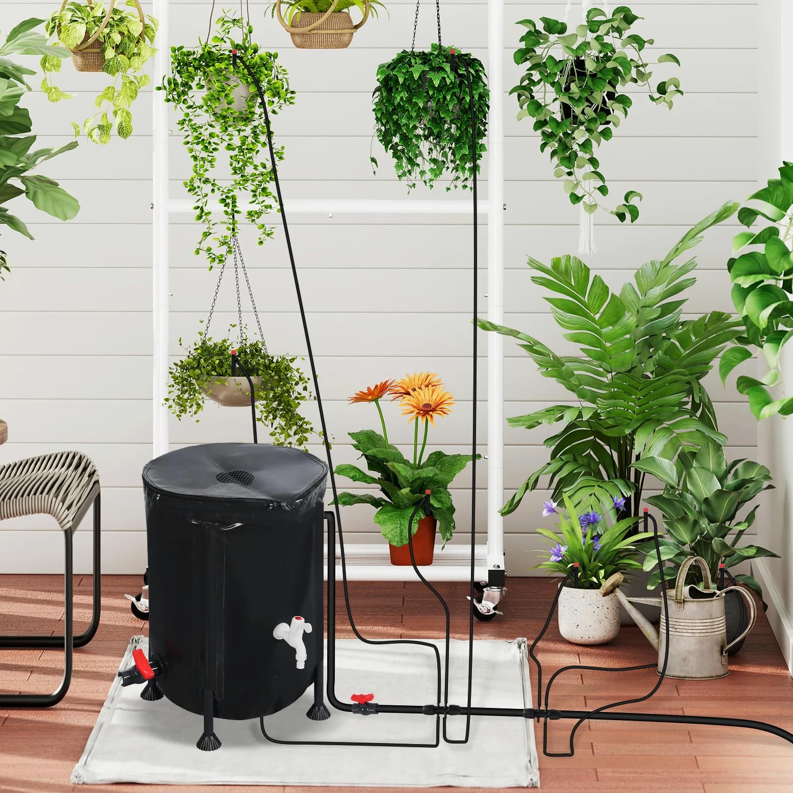 Sistema de riego automático, riego automático de 50 l, bomba de agua de 25 W y sensor de agua baja y 8 boquillas de goteo, sistema de riego de jardín para interiores, césped, invernadero, patio