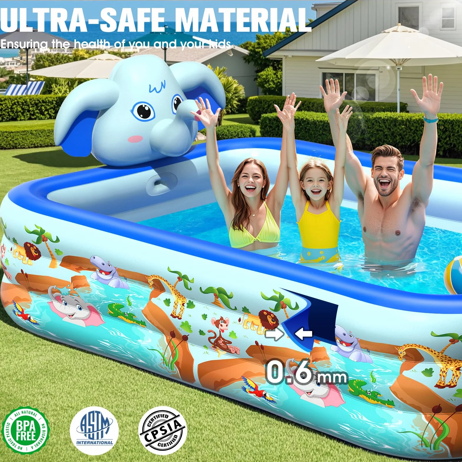 LanBlu Piscina Hinchable Adultos con Aspersor, Elefante Piscinas Hinchables Rectangular, Piscinas Hinchables Grandes de 0.6mm de Grosor, 252×183×56CM Piscina Hinchable Infantil para Terraza Jardín