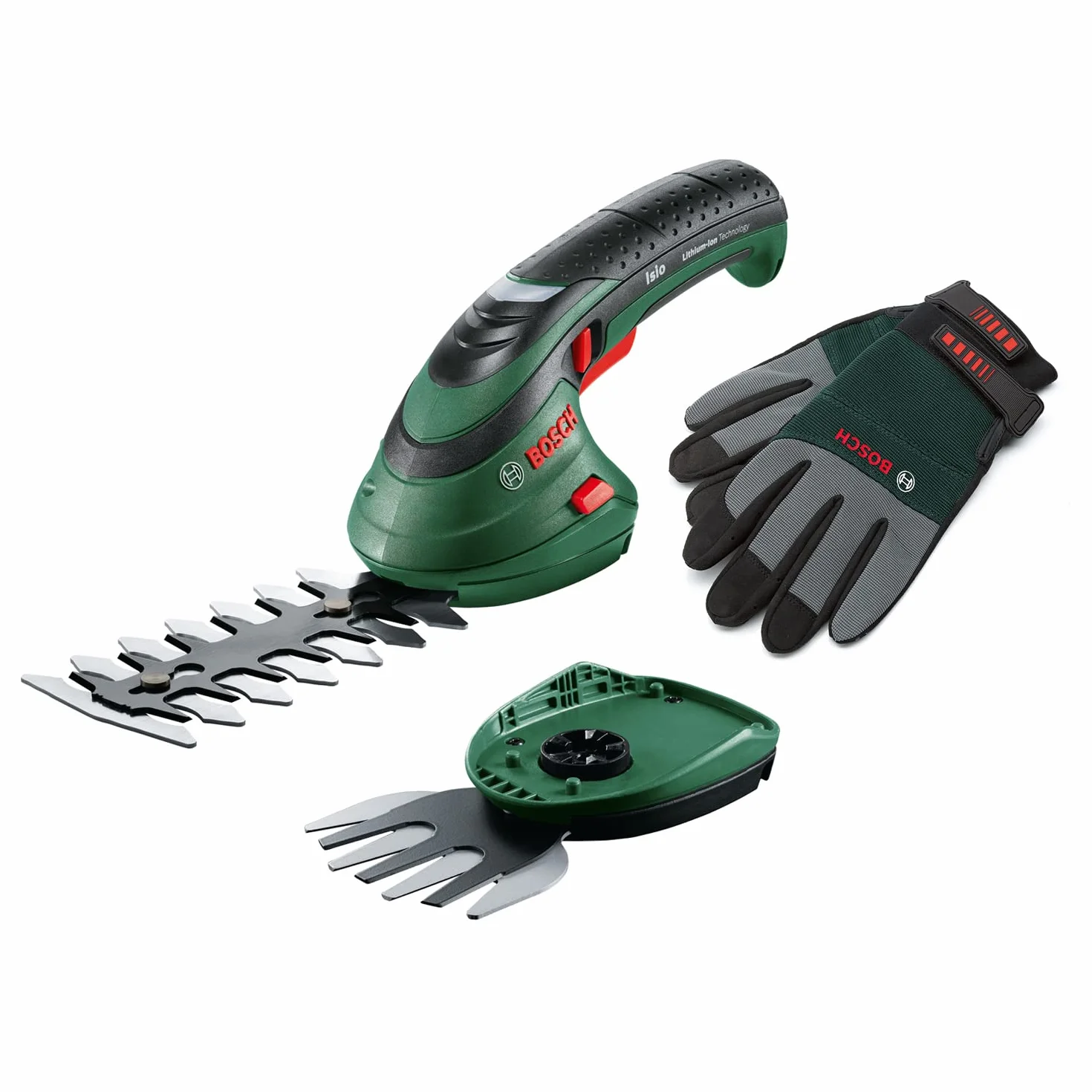 Bosch Set de Tijeras cortacésped a batería Isio | 3,6 V, longitud de cuchilla 12 cm, distancia entre cuchillas 8 mm, guantes de jardinería XL incluidos - Amazon Exclusive