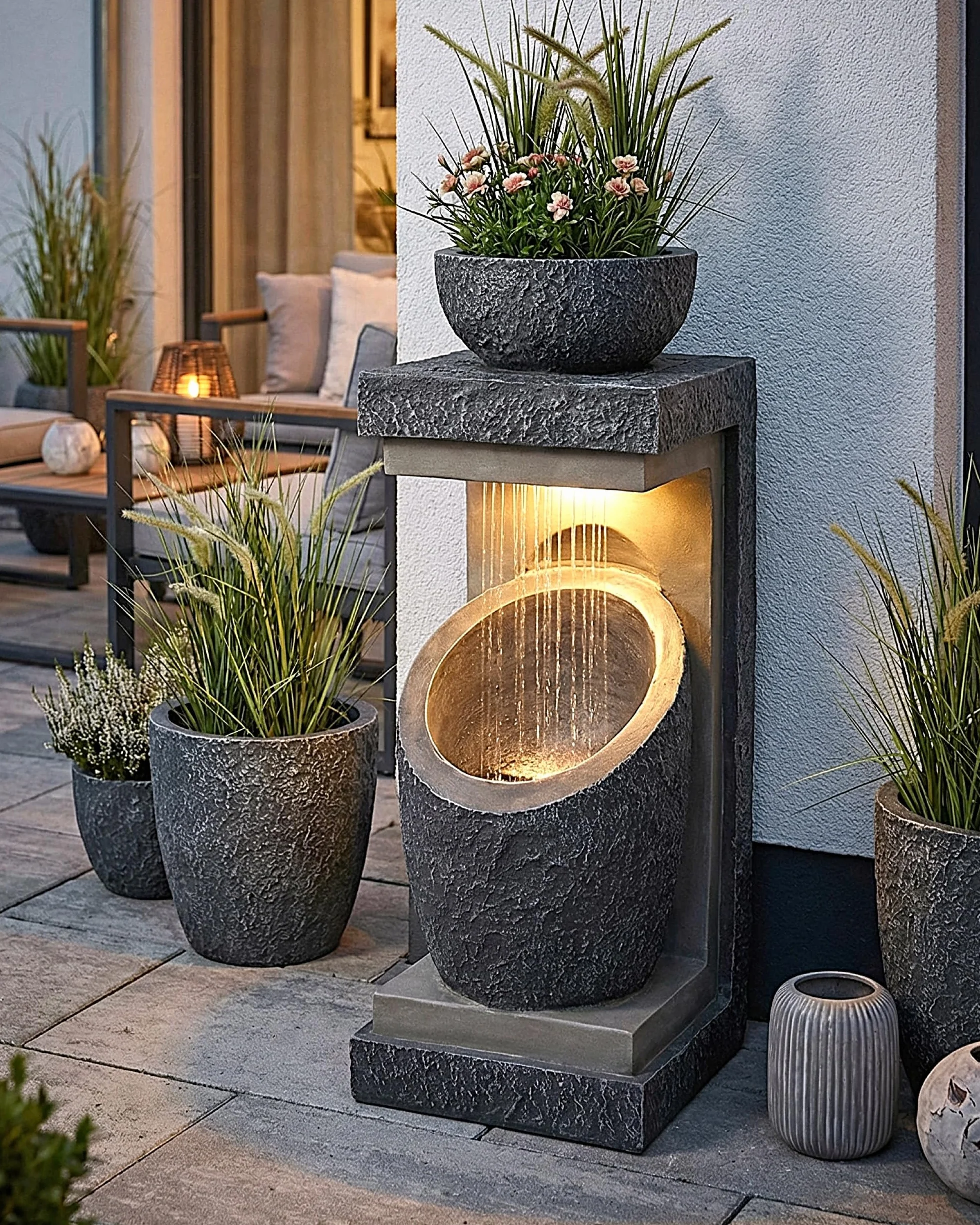 Fuente de jardín con iluminación LED Win 30, imitación de piedra, 81 cm