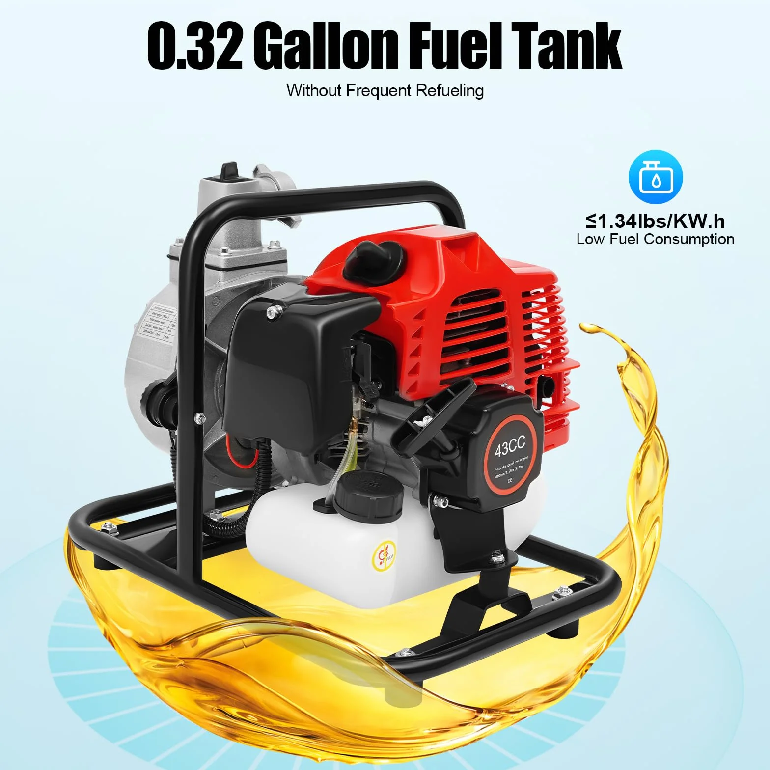 Bomba de agua de gasolina, 43 cc, 2 tiempos, 135 L/min, altura de extracción 30 m | Bomba de motor de 1,25 kW de potencia y arranque manual – Bomba de jardín autocebante para jardín, estanque y riego