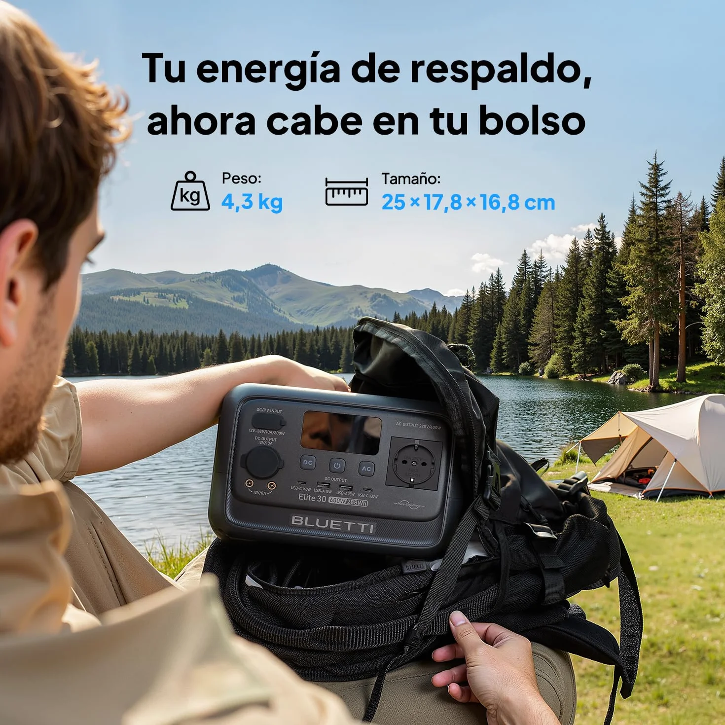 BLUETTI Elite 30 V2 Estación de Energía Portátil, Generador Solar de 288Wh, 600W Salidas CA (Power Lifting 1500W), Batería LiFePO4 de Carga Rápida para Camping, Viajes por Carretera y Cortes de Luz