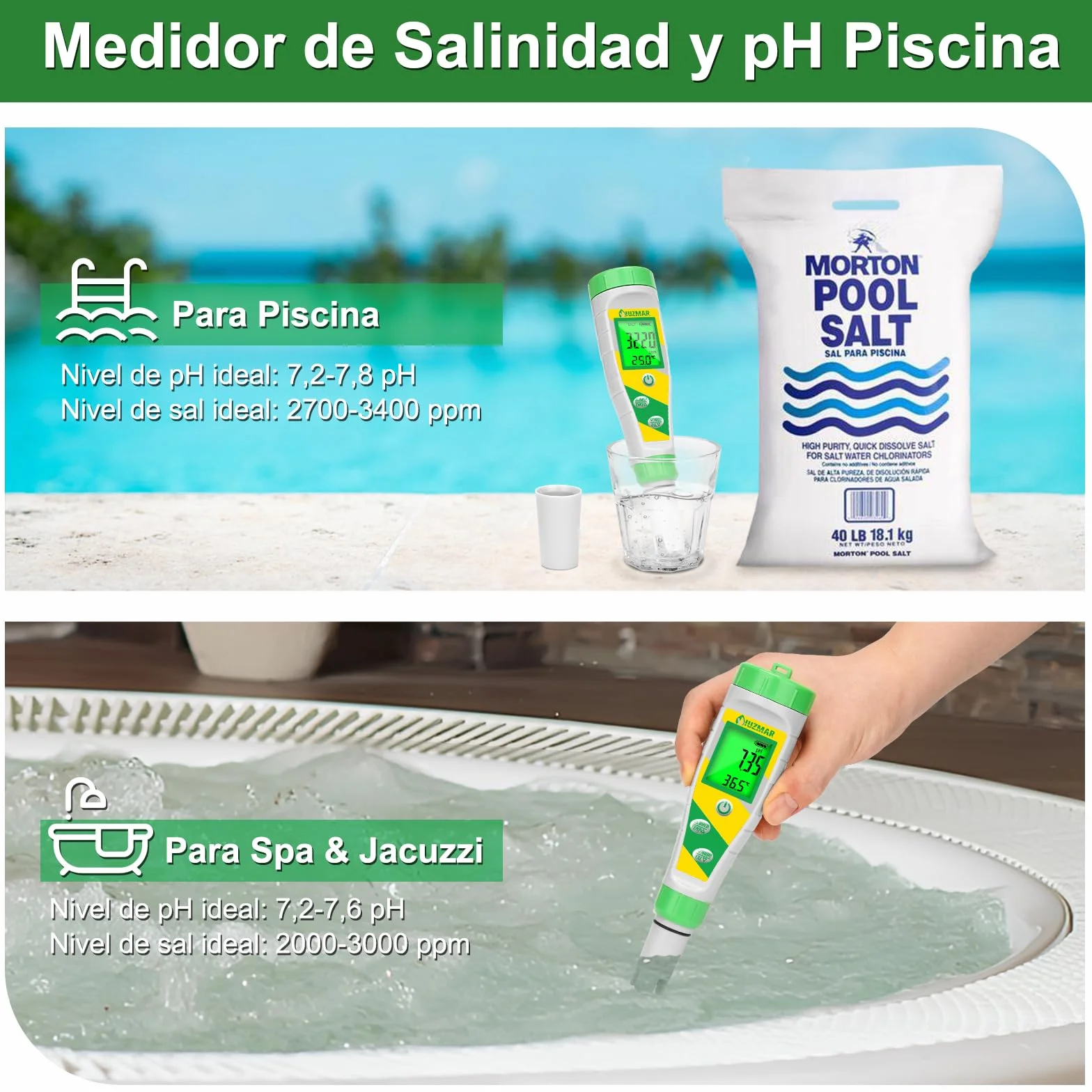 UIUZMAR Medidor de pH y Sal Piscina Salina, Test de Salinidad para Piscinas, Pantalla Digital 5 en 1, Medidor de pH TDS EC Salinidad Temperatura Para Piscina, Hidropónico, Acuario, Agua Potable, Spa