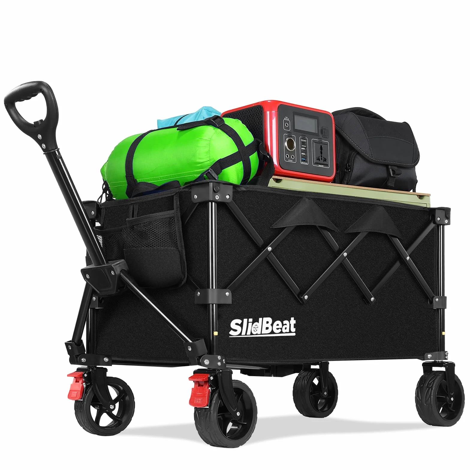 SLIDBEAT Carro de Playa Plegable (150L) para Camping, Picnic y Jardín. Carga 150KG, Ruedas Todo Terreno, Doble Freno y Mango Ajustable. Recipiente Interior Extraíble y Lavable a Máquina