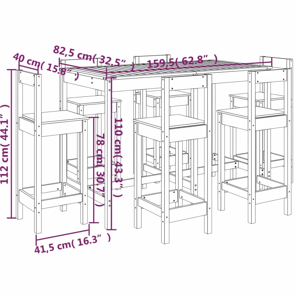 vidaXL Set de Mesa y taburetes Altos jardín 7 pzas Madera Maciza Pino, Juego de Bar para jardín, Muebles de Pub, Muebles de jardín, Muebles de Bar
