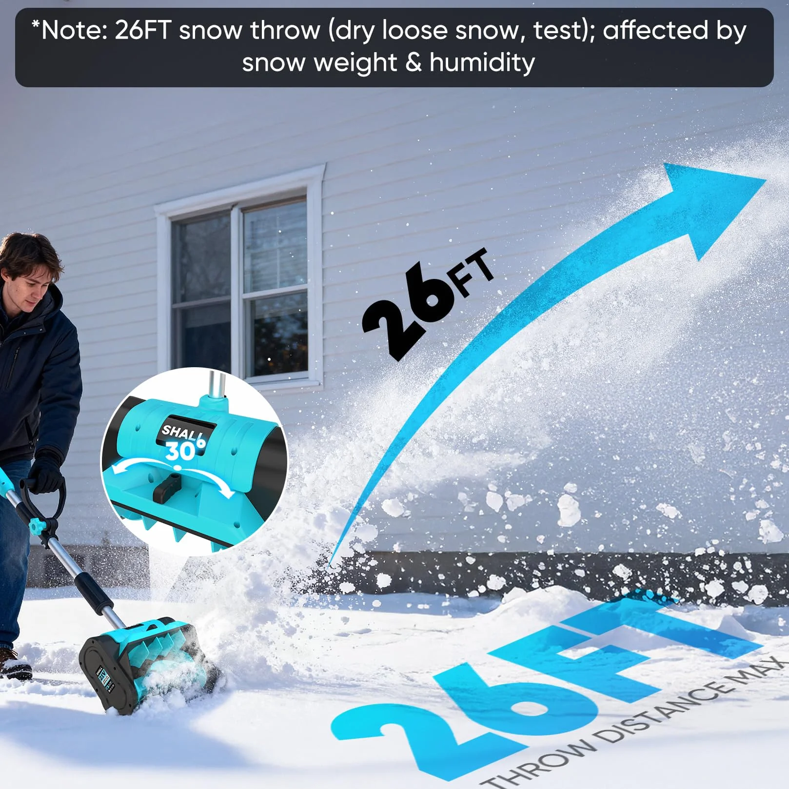 SHALL Pala quitanieves a batería de 21 V (sin escobillas), soplador de Nieve a batería de 30 cm (12 Pulgadas), con Deflector y Cubierta Antipolvo, Alcance de 8 m para Entrada de vehículos, escaleras