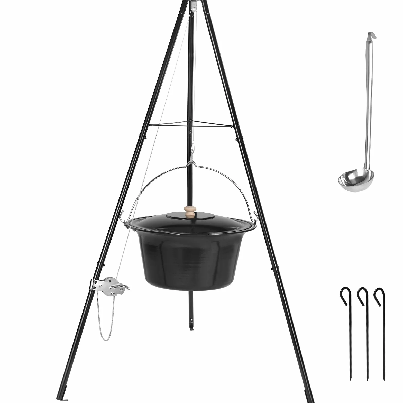 Hervidor para Goulash de 30L con Trípode y Cuchara, Hervidor para Gulash Original Húngaro, Olla para Gulash Esmaltada, con Cadena de Altura Ajustable, Juego de Olla para Gulash, para 25-30 Personas