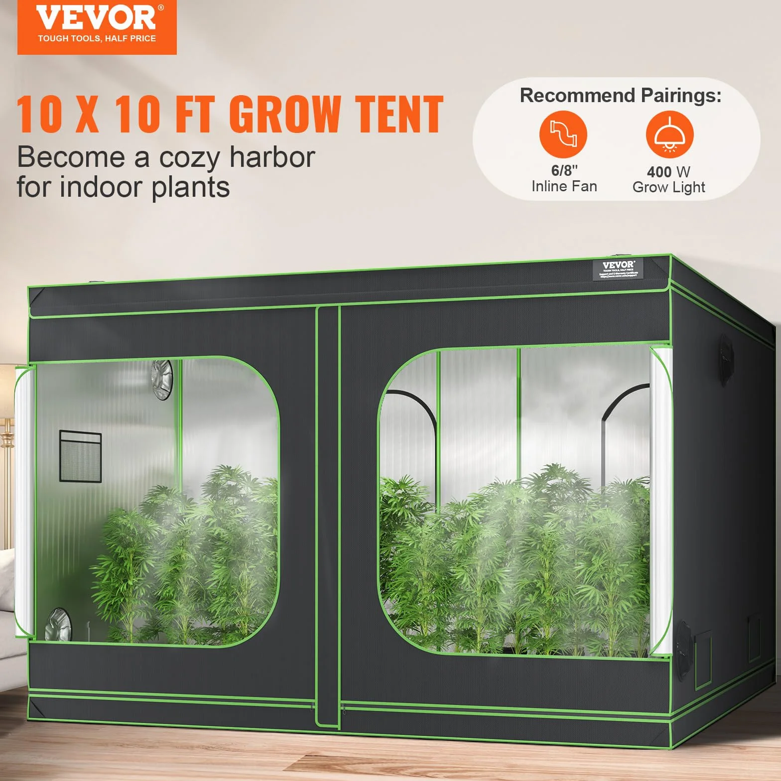 VEVOR Armario de Cultivo 305x305x203 cm Carpa de Cultivo Hidropónico Mylar 600D Altamente Reflectante con Ventana de Observación, Bolsa de Herramientas, Bandeja de Piso para Cultivo de Plantas