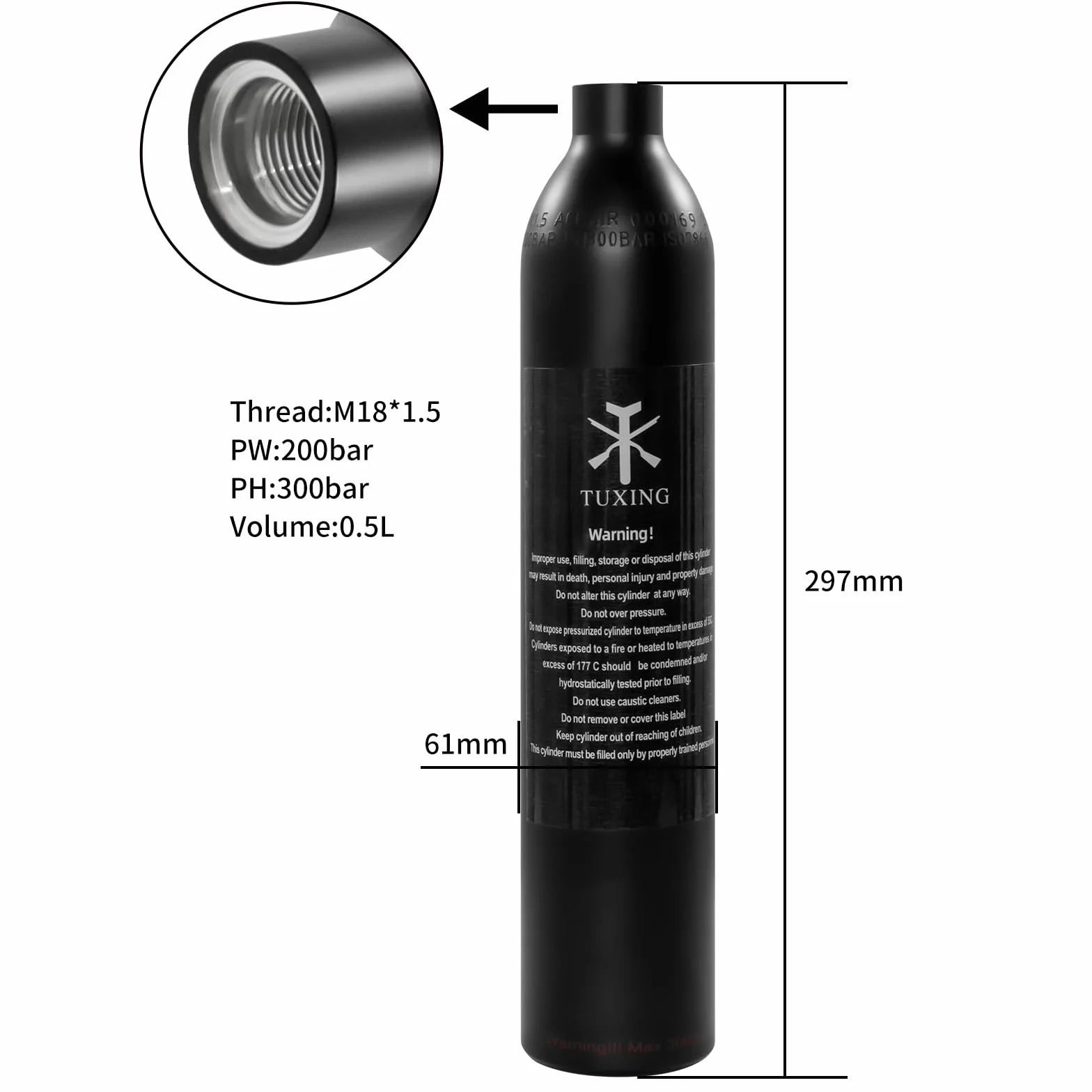 TUXING Depósito de paintball PCP 4500 psi 0.5 L CE Botella de aluminio con regulador, válvula, manómetro, presión de salida 2200 psi M18x1.5