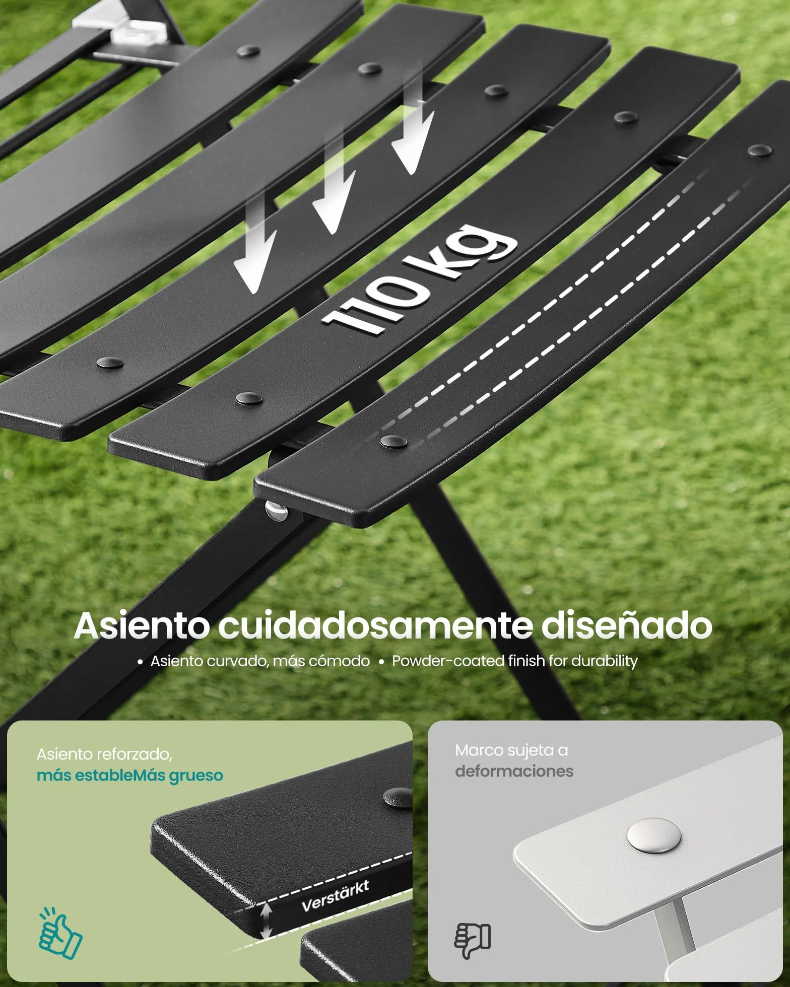 SONGMICS Juego de Jardín de Exterior, 3 Piezas, 2 Sillas y 1 Mesa, Plegable, Salón de Exterior, Acero, Resistente a la Intemperie, para Balcón, Terraza, Negro Tinta GGF036BZ01