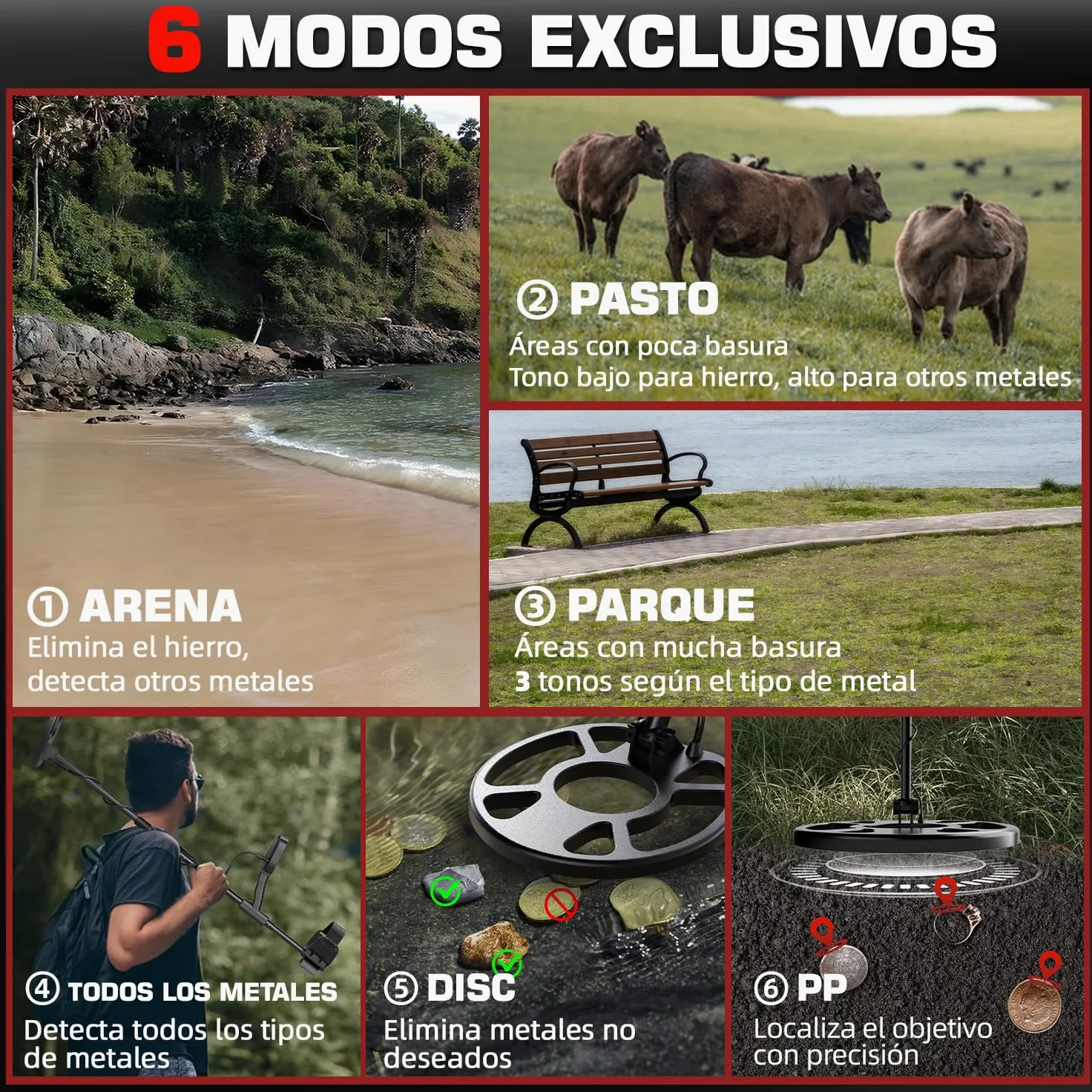 DR.ÖTEK Detector de Metales Profesional para Adultos y Niños, Impermeable para Oro con Modos Pinpoint y Terreno, Emparejamiento Rápido, 6 Modos, Alta Precisión, Ligero y Fácil de Usar,Rojo