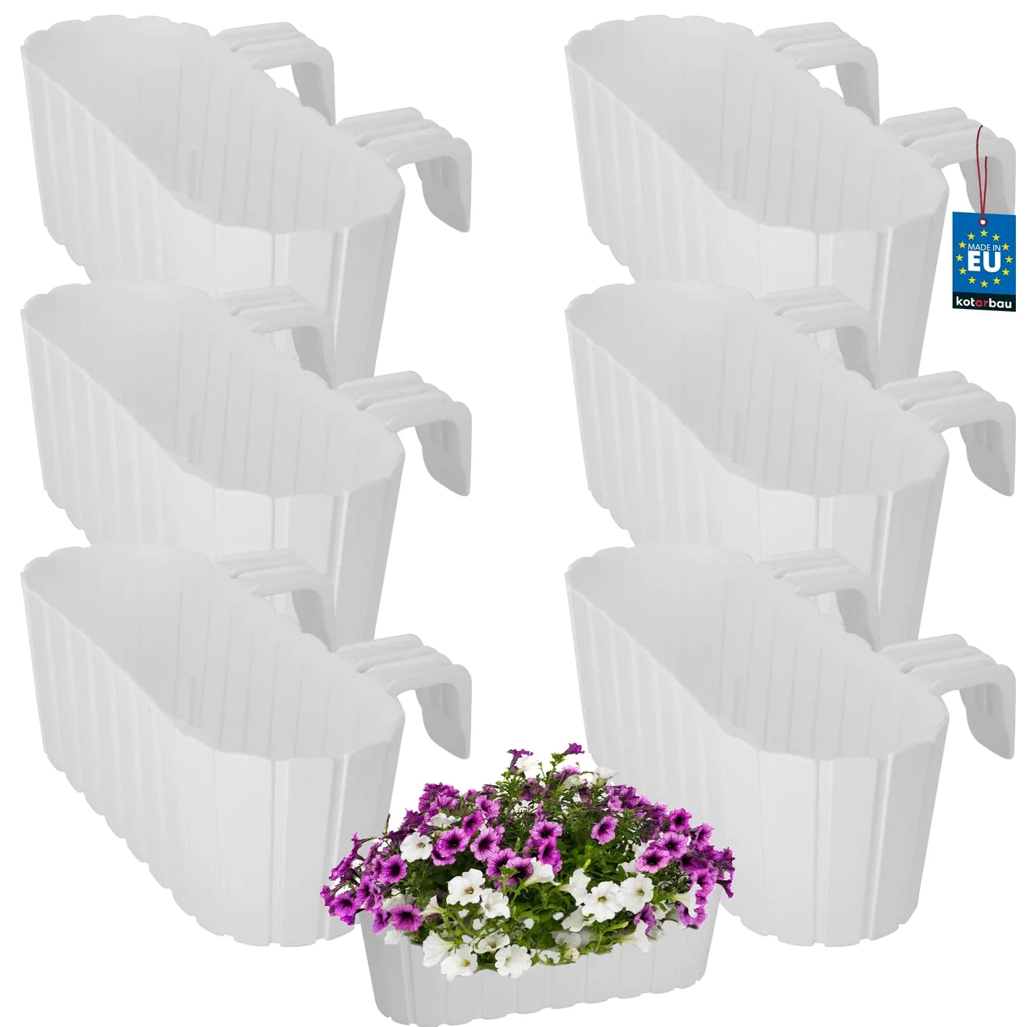 KOTARBAU® 6 uds Jardinera Balcón - Jardineras Exterior - PVC - 40 x 15 x 15 cm - Blanco - Maceta - Macetero Rectangular - Ligero - con Soporte para Barandilla - Decoración Exterior