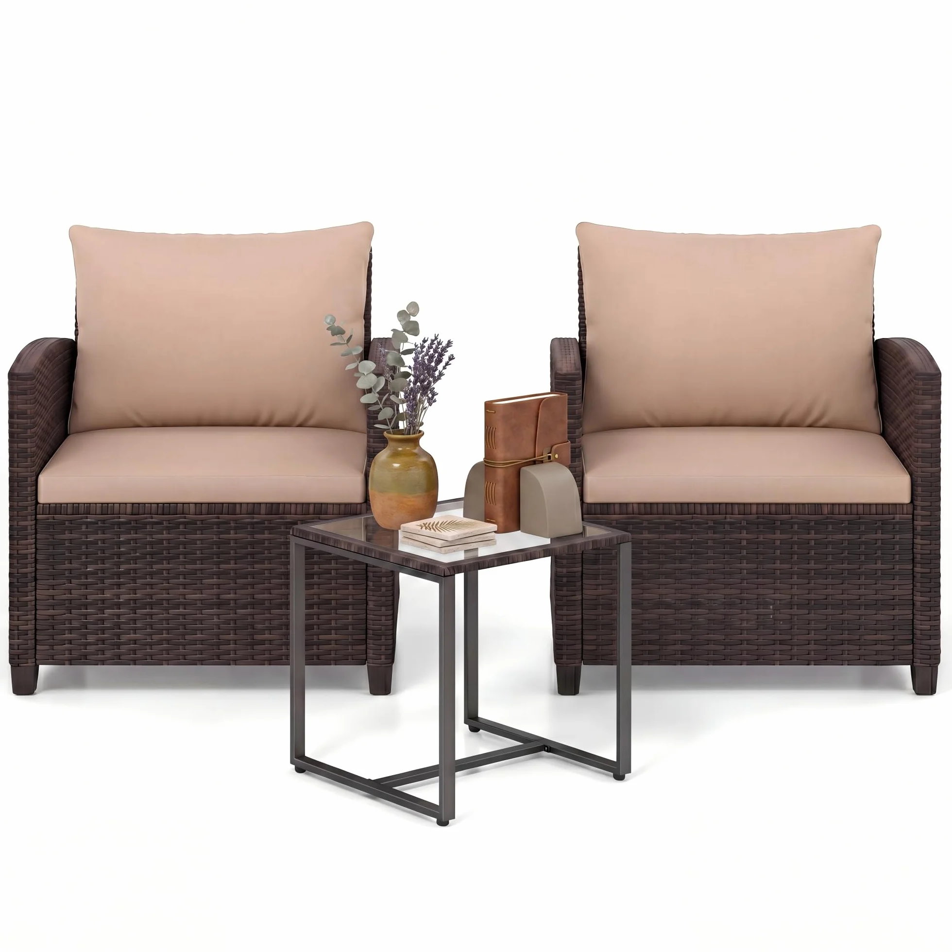 GIANTEX Juego de Muebles Jardín Exterior 3 Piezas, 2 Sillones con Cojines y 1 Mesa de Café de Vidrio, para 2 Personas, Conjunto de Conversación para Balcón, Terraza, Patio (Marrón+Café)