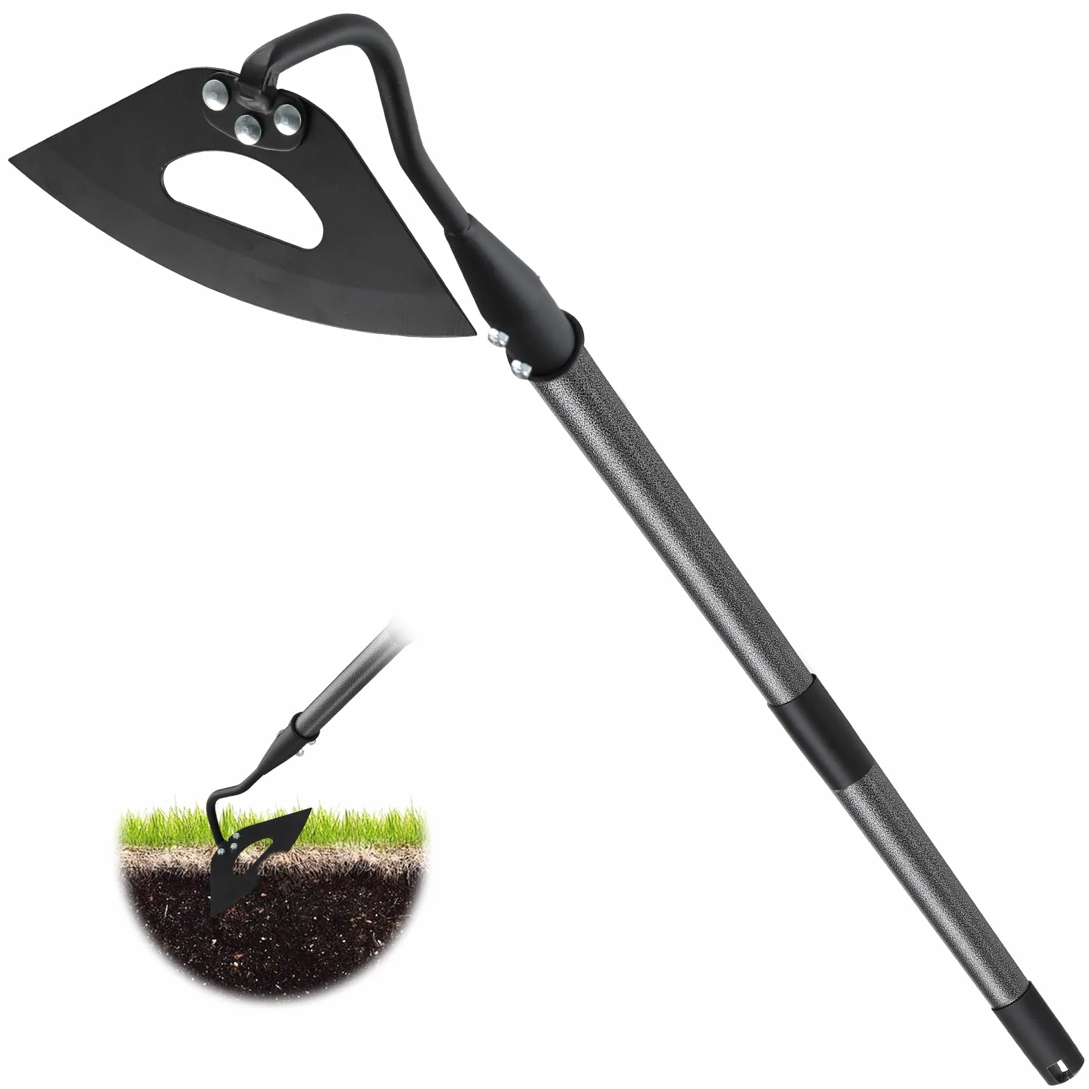 Azada de jardín, azada de jardín con mango de 140 cm, azada hueca endurecida para eliminar malezas, aflojar el suelo, cavar, plantar, hacer surcos, práctico dispositivo para eliminar malezas
