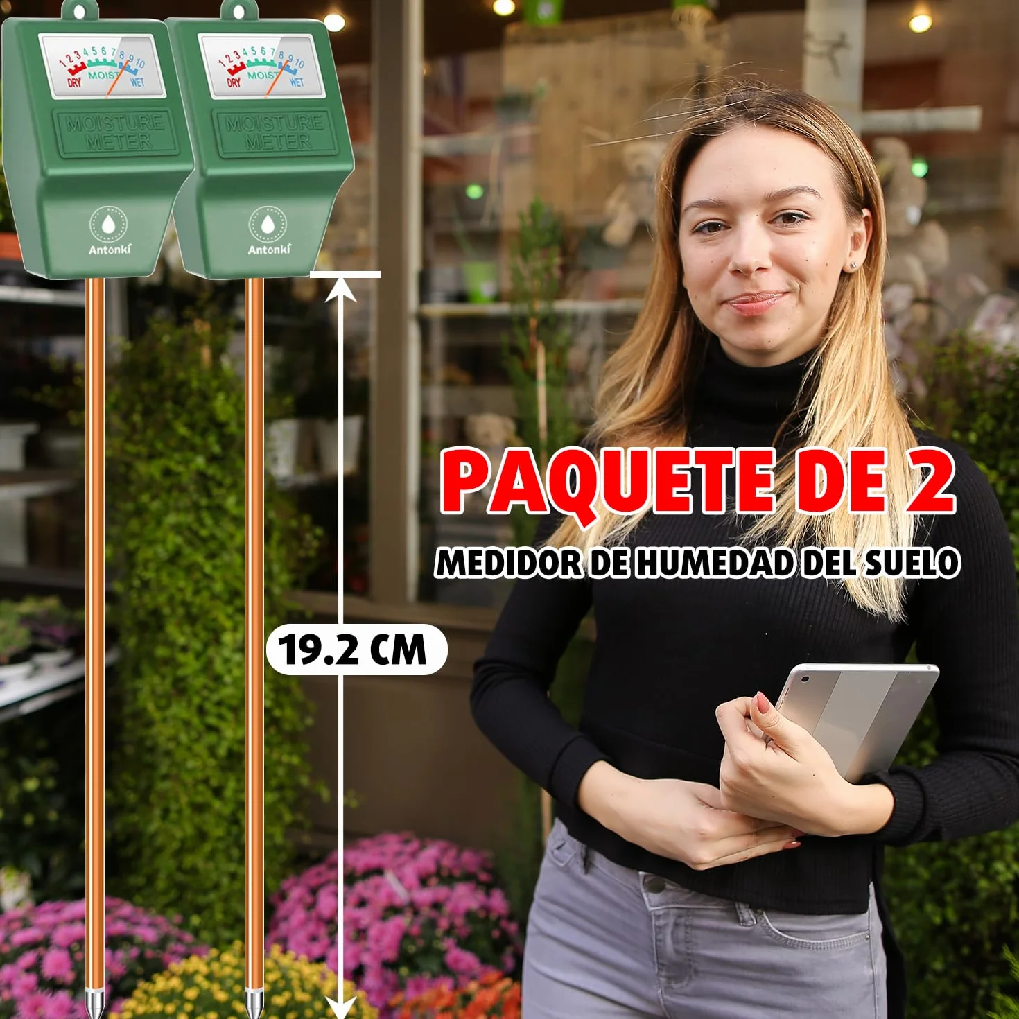 Antonki 2 Piezas Medidor Humedad Plantas, Higrometro Plantas de Suelo, Monitor de Riego de Flores para Plantas de Interior y Exterior, No se Necesitan Baterías