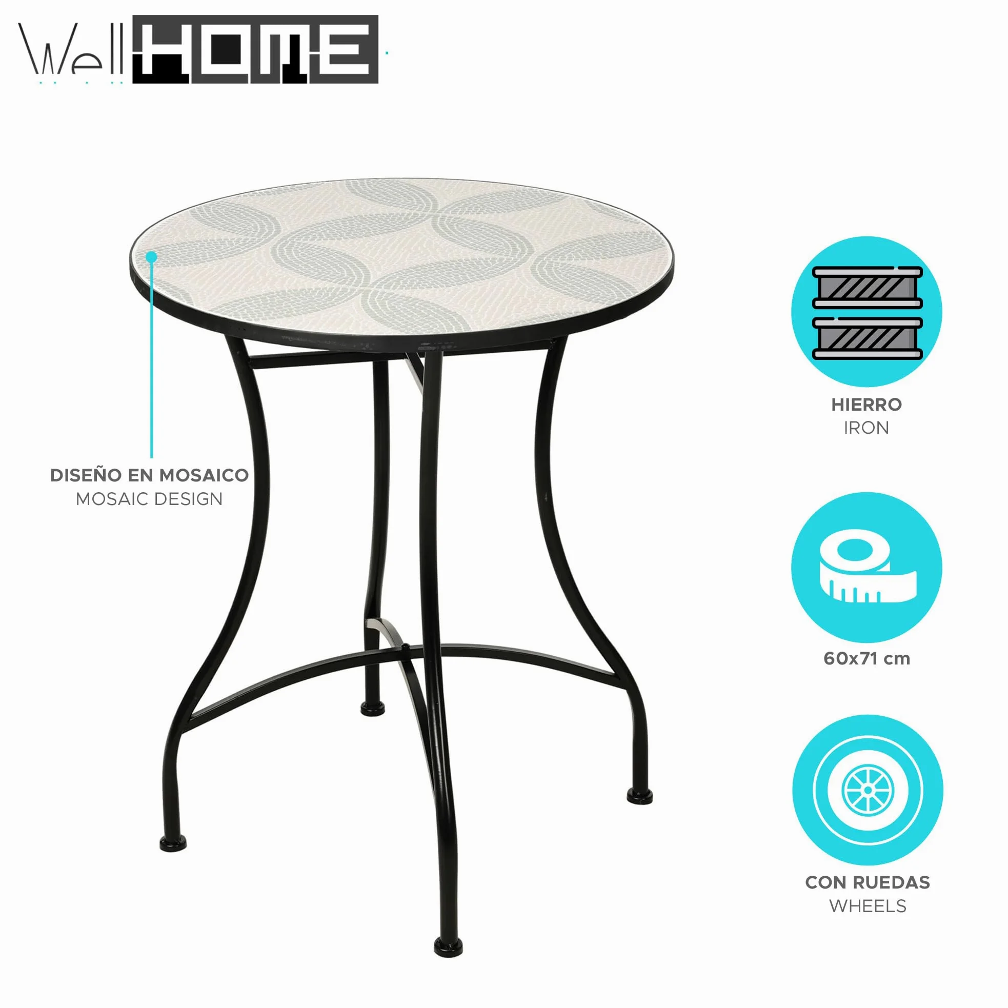 Well Home Mesa de Bistró con Diseño de Mosaico 60x71cm, Tubo de Hierro y Placa de Creme y Verde Salvía