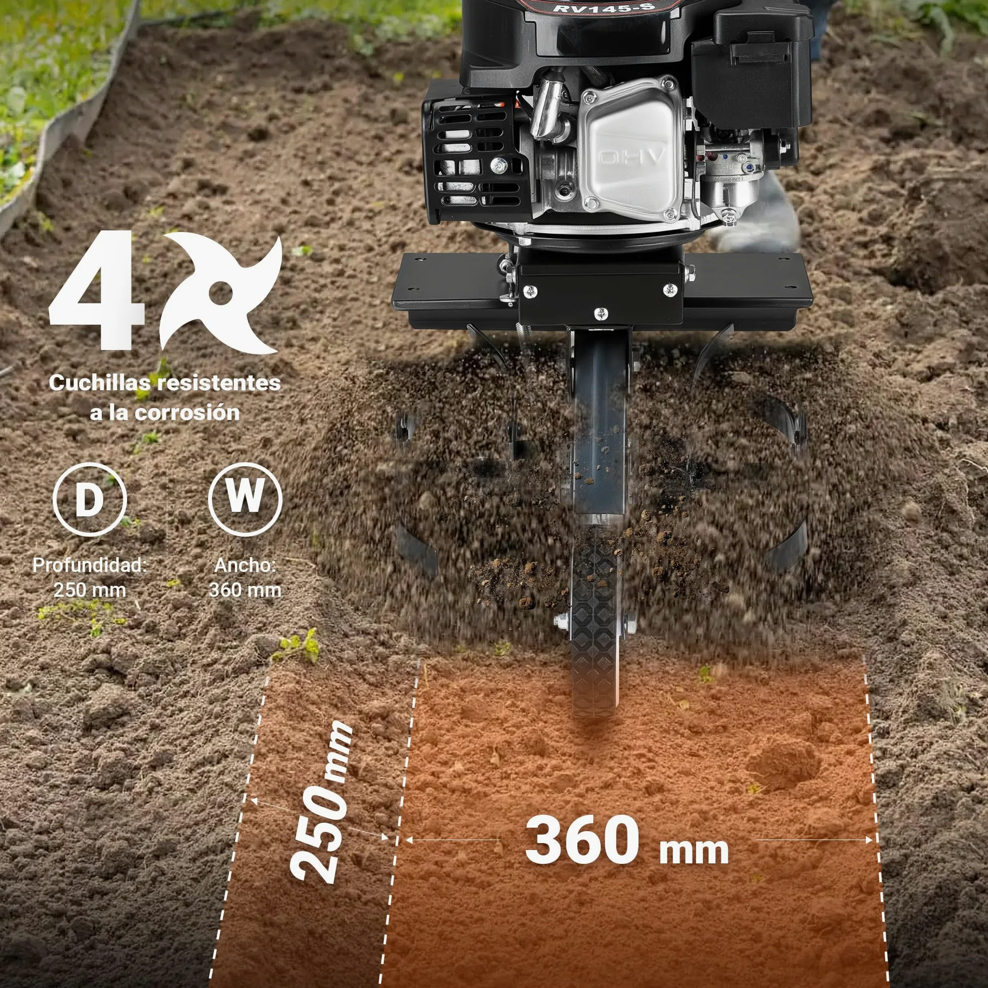 Wiltec Motocultor a Gasolina 36 cm de Ancho de Trabajo Motor 144 CC motoazada 4 Cuchillas cultivador con transmisión Euro 5 Robusto motocultivador cultivador