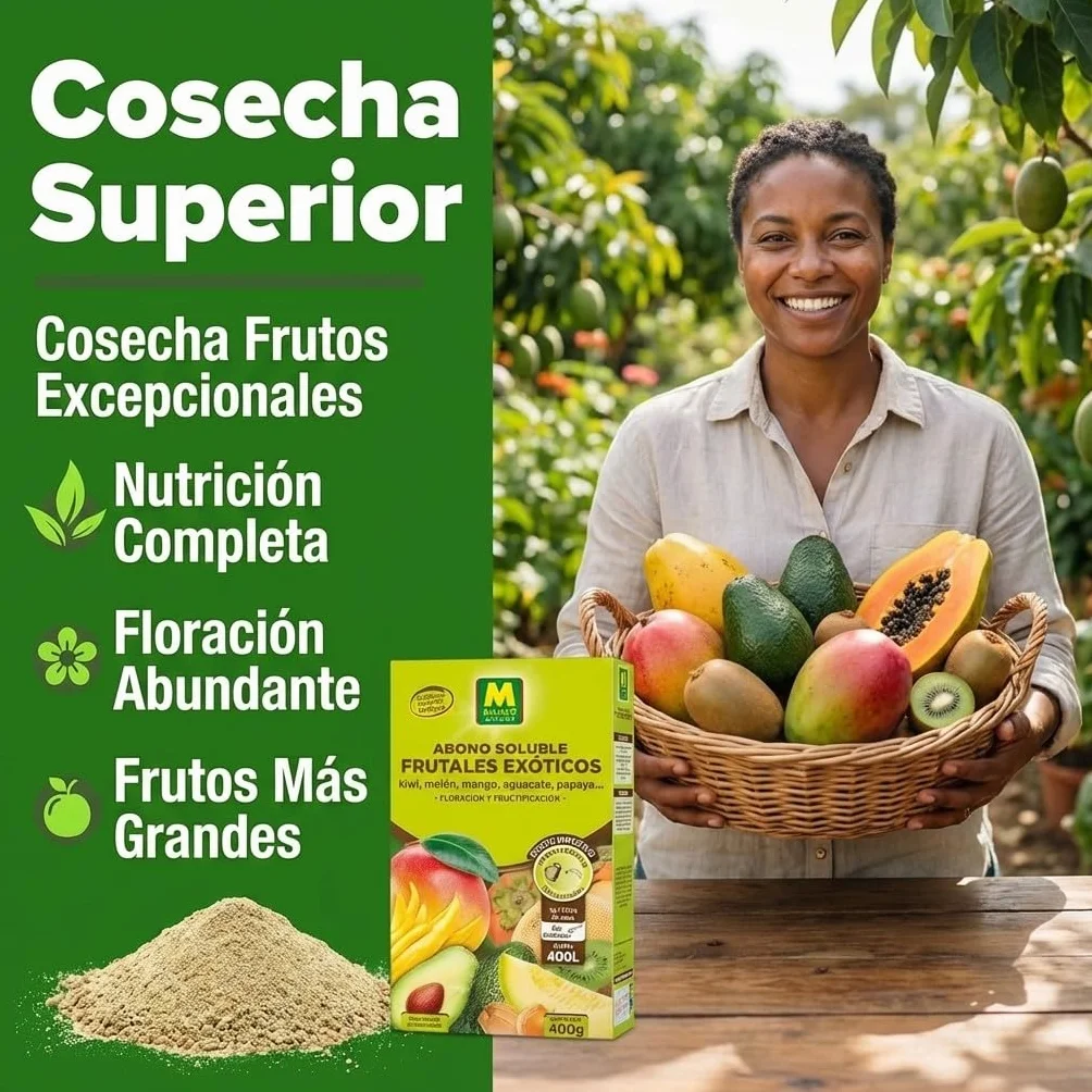 Abono Frutales Exóticos Soluble Ecológico 400 g | Fertilizante NPK 8-7-6 + Magnesio para Aguacate, Kiwi, Mango, Papaya, Kaki y Physalis | Máxima Floración y Frutos de Calidad ECO | Nexum Market