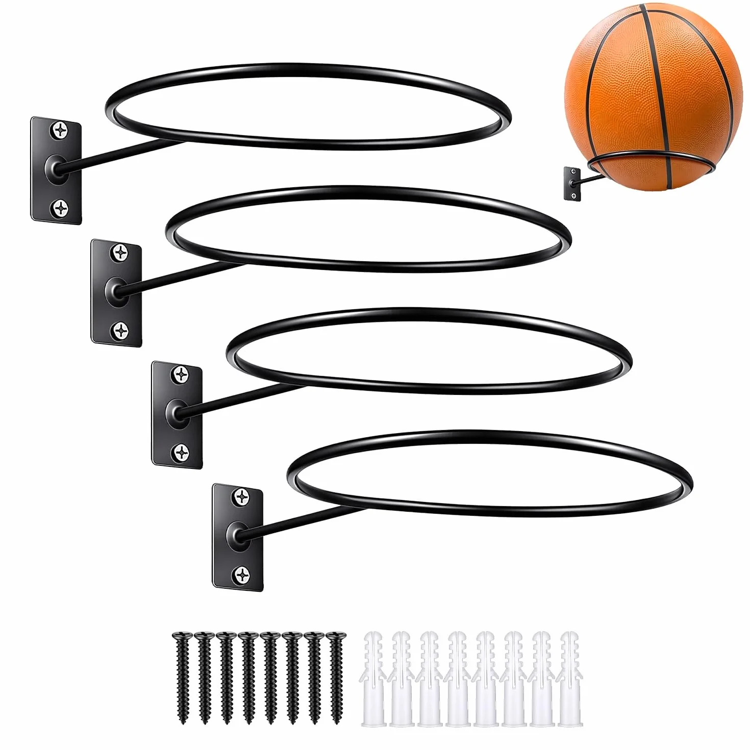 Soporte Balón Fútbol Metálico 4 Piezas,Pared Organizador Balones Negro Baloncesto Fútbol Voleibol