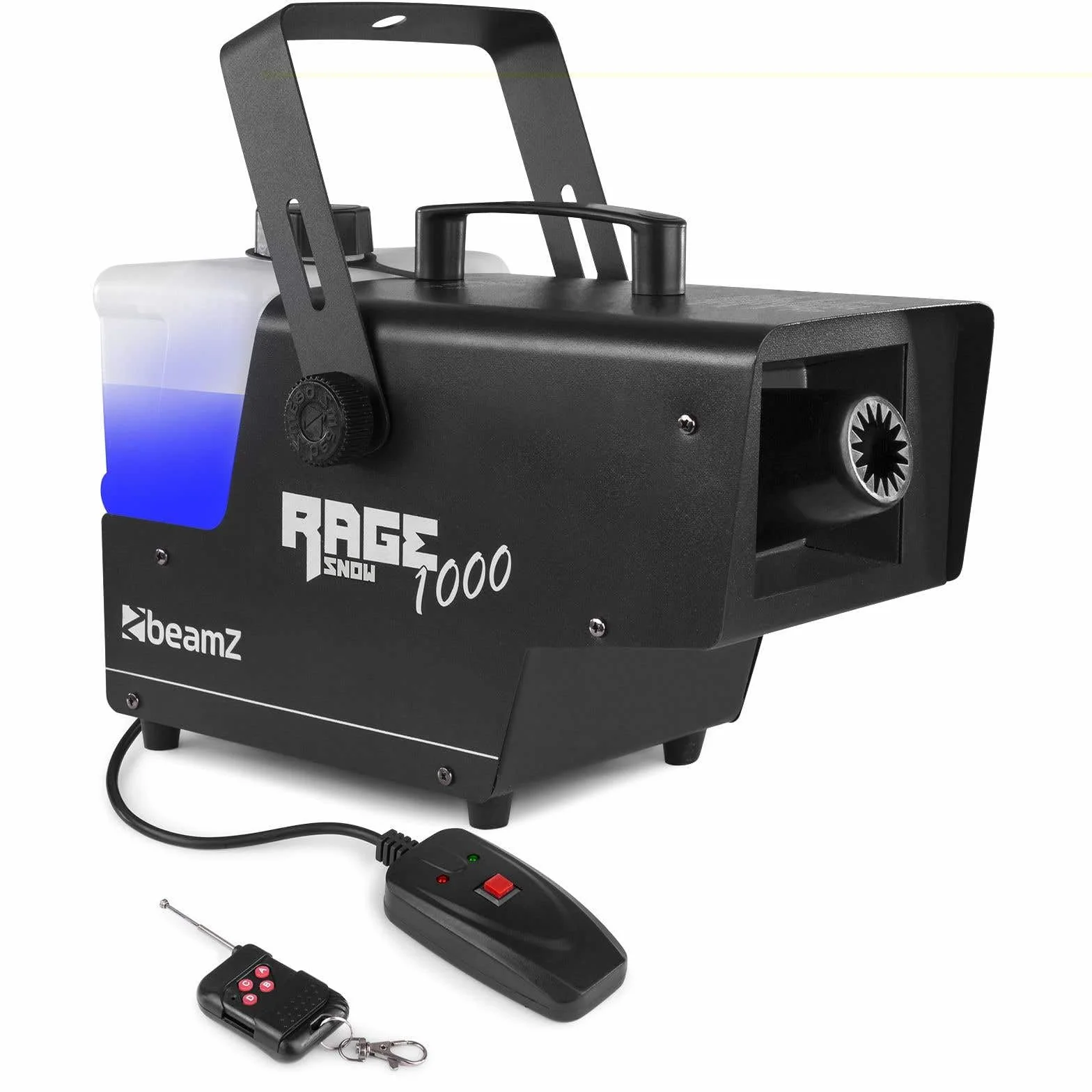 BeamZ RAGE1000SNOW Máquina de Nieve 1000W - Incluye 5L Líquido, Mando Inalámbrico + con Cable, Boquilla Estrella, Tanque Iluminado LED, Efecto Invernal para Eventos, Fiestas o Après-ski