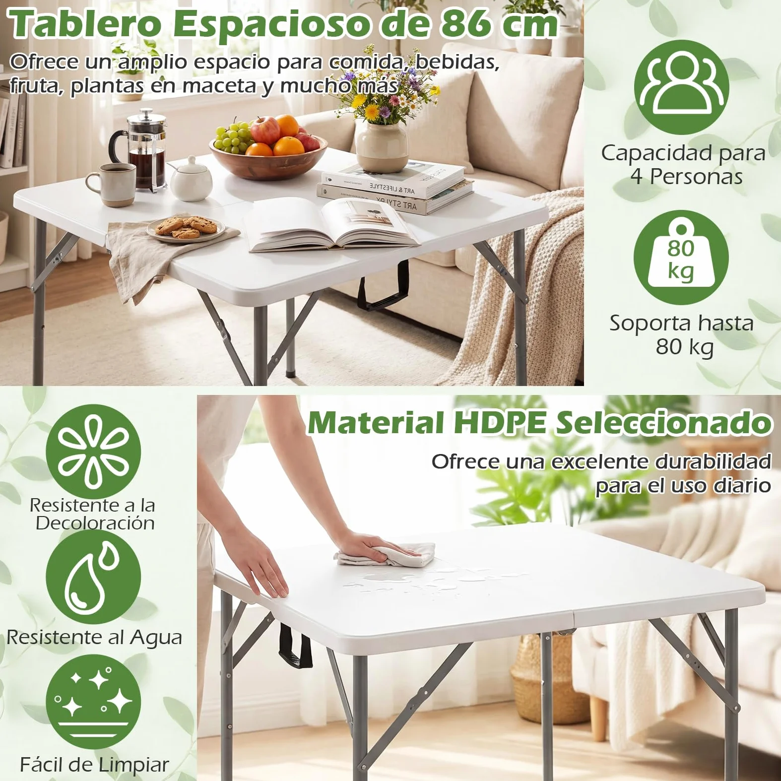 COSTWAY Mesa Plegable Picnic, 86 x 85,5 x 75 cm, Cuadrada | Mesa Camping Portátil de HDPE, Asa de Transporte, Fácil de Montaje, Interior Exterior Jardín Terraza Playa Cocina, Blanco