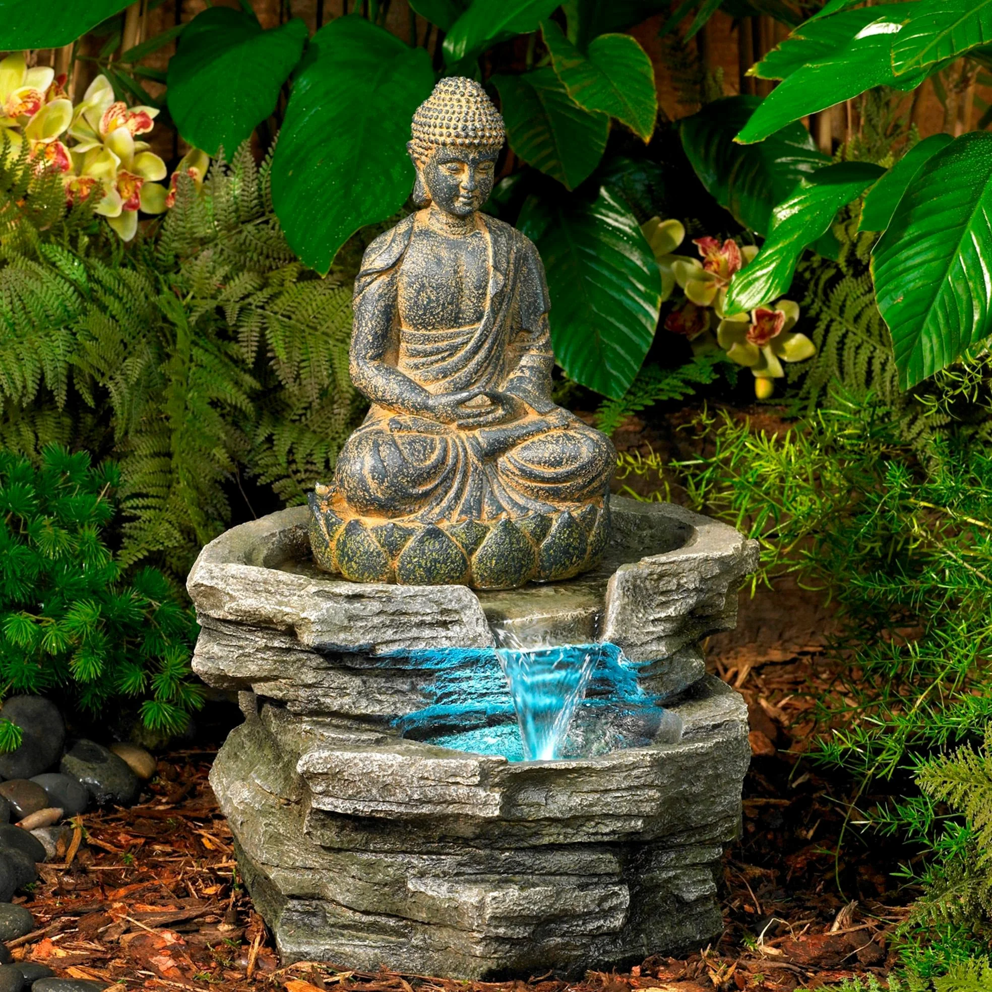 Buda sentado de 21 pulgadas de alto, grande, estilo zen, asiático, decoración para interiores y exteriores, fuente de suelo de piedra sintética con luz LED, cascada de pie, función de agua para jardín