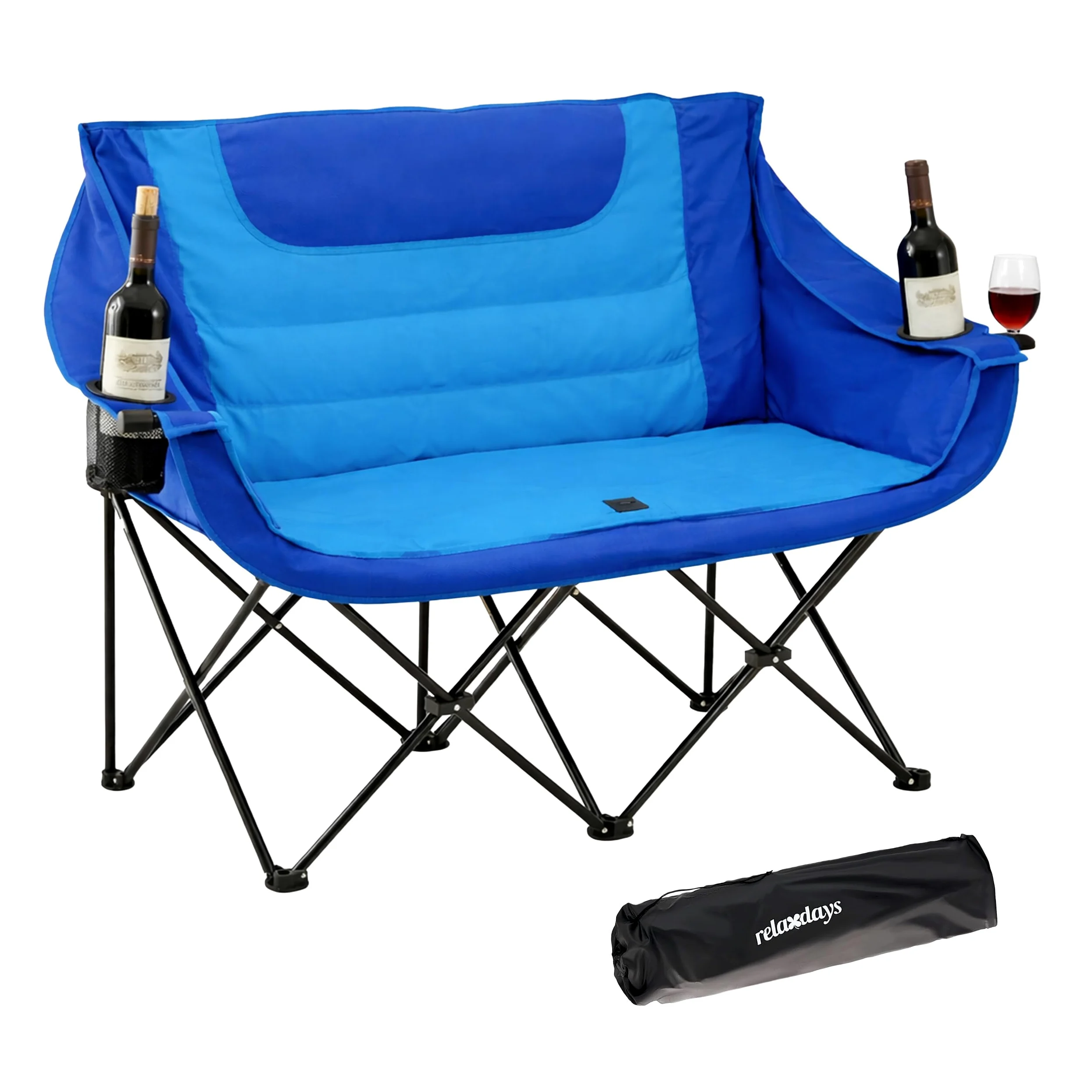 Relaxdays Silla Plegable Doble para Camping, Bolsa de Transporte, portavasos, 272 kg, poliéster y Metal, Azul