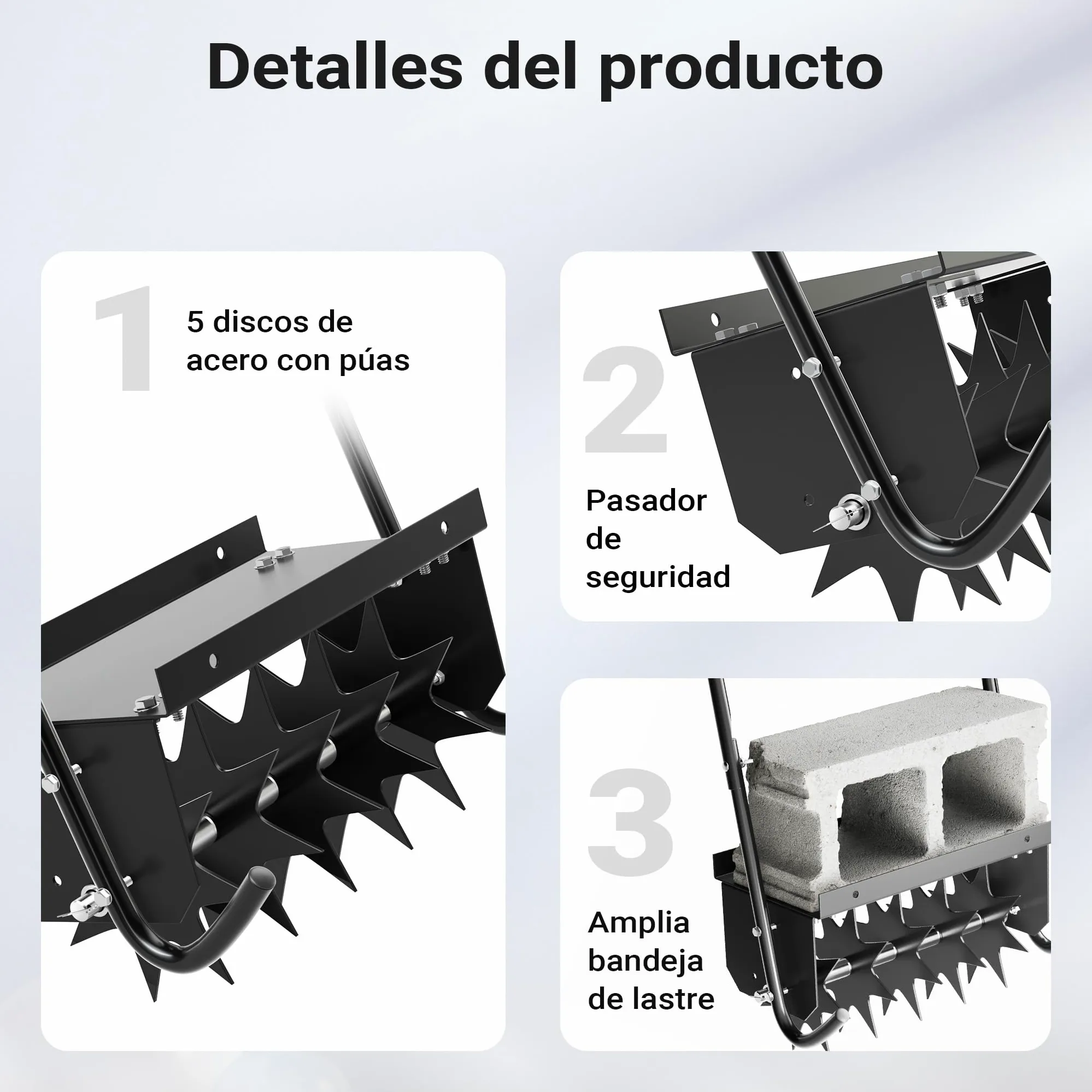 Wiltec Aireador de césped 40 cm ancho de trabajo 6,4 cm profundidad escarificador manual 5 discos púas acero